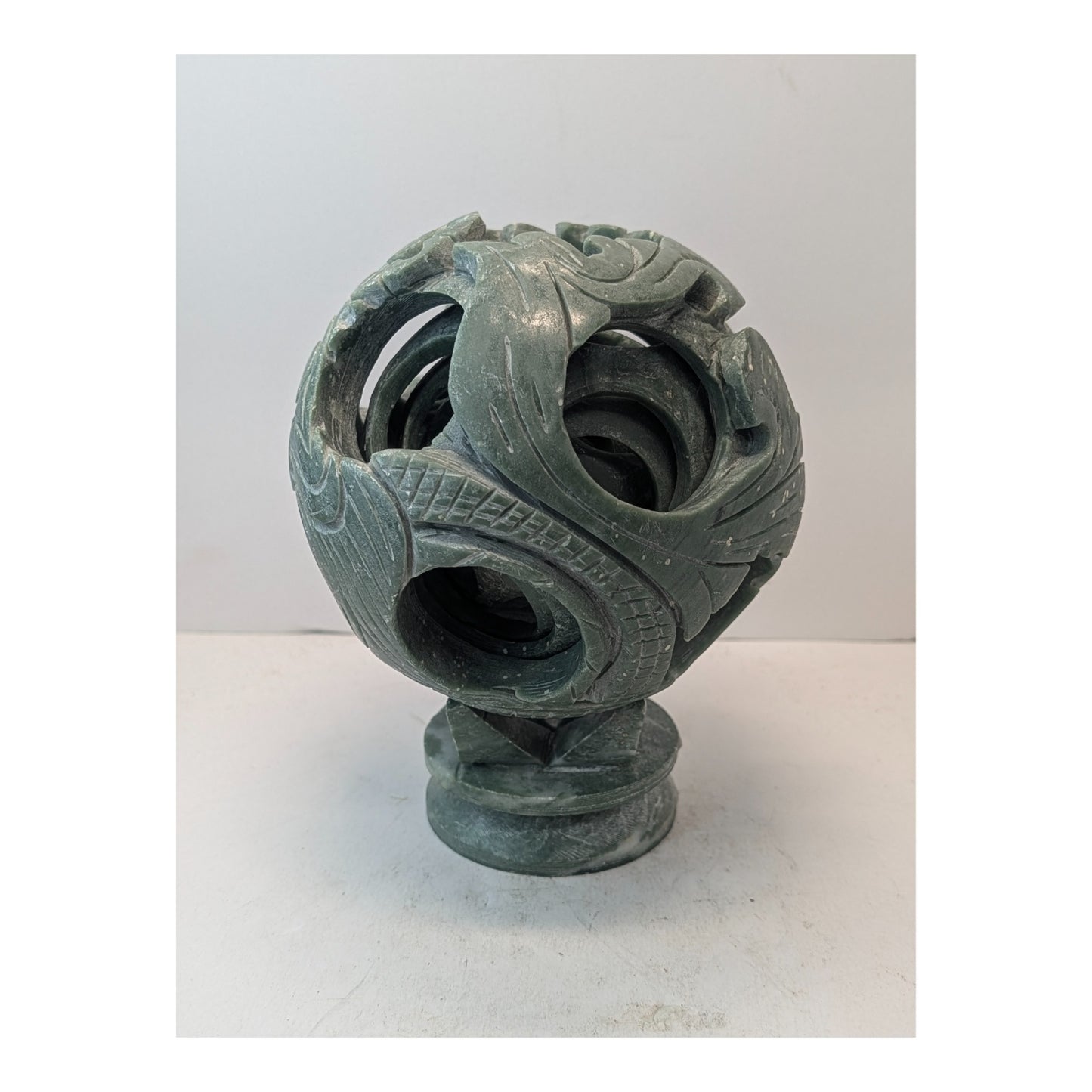 Vintage Carved Green Soapstone Chinese Puzzle Ball Sculpture
