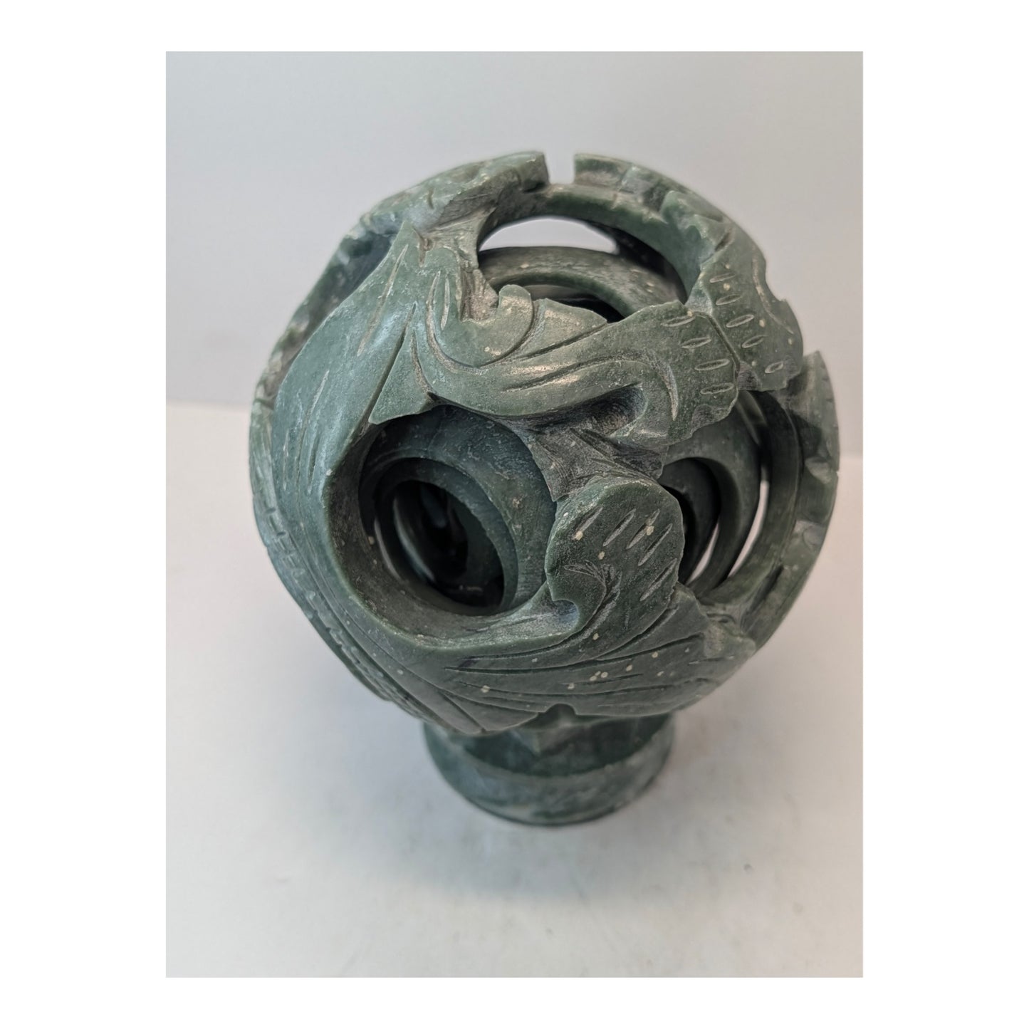 Vintage Carved Green Soapstone Chinese Puzzle Ball Sculpture