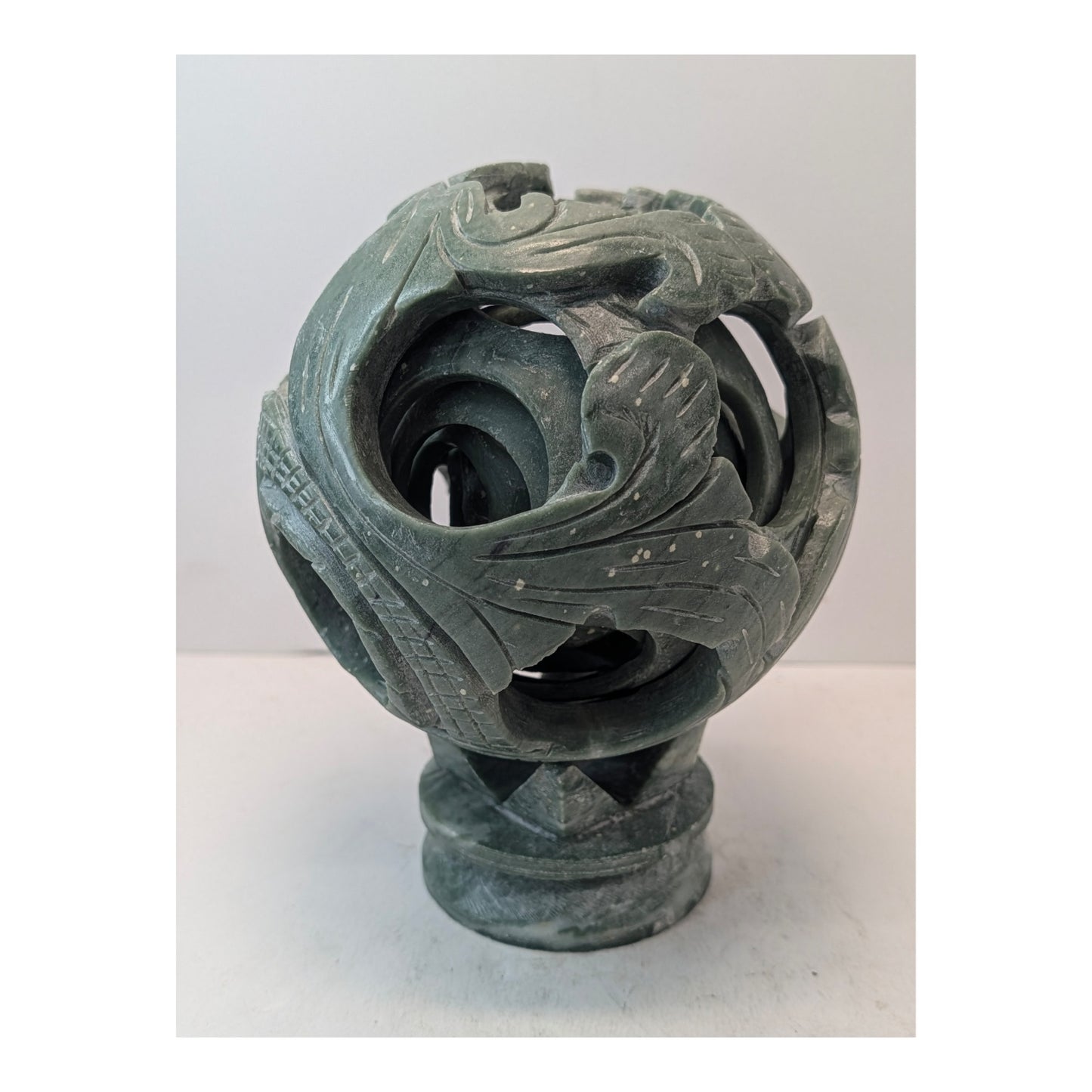 Vintage Carved Green Soapstone Chinese Puzzle Ball Sculpture