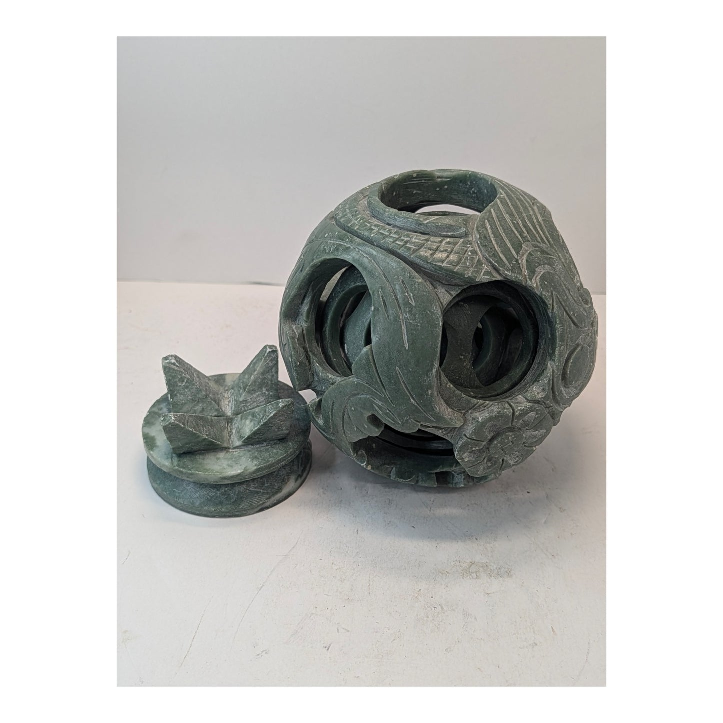 Vintage Carved Green Soapstone Chinese Puzzle Ball Sculpture