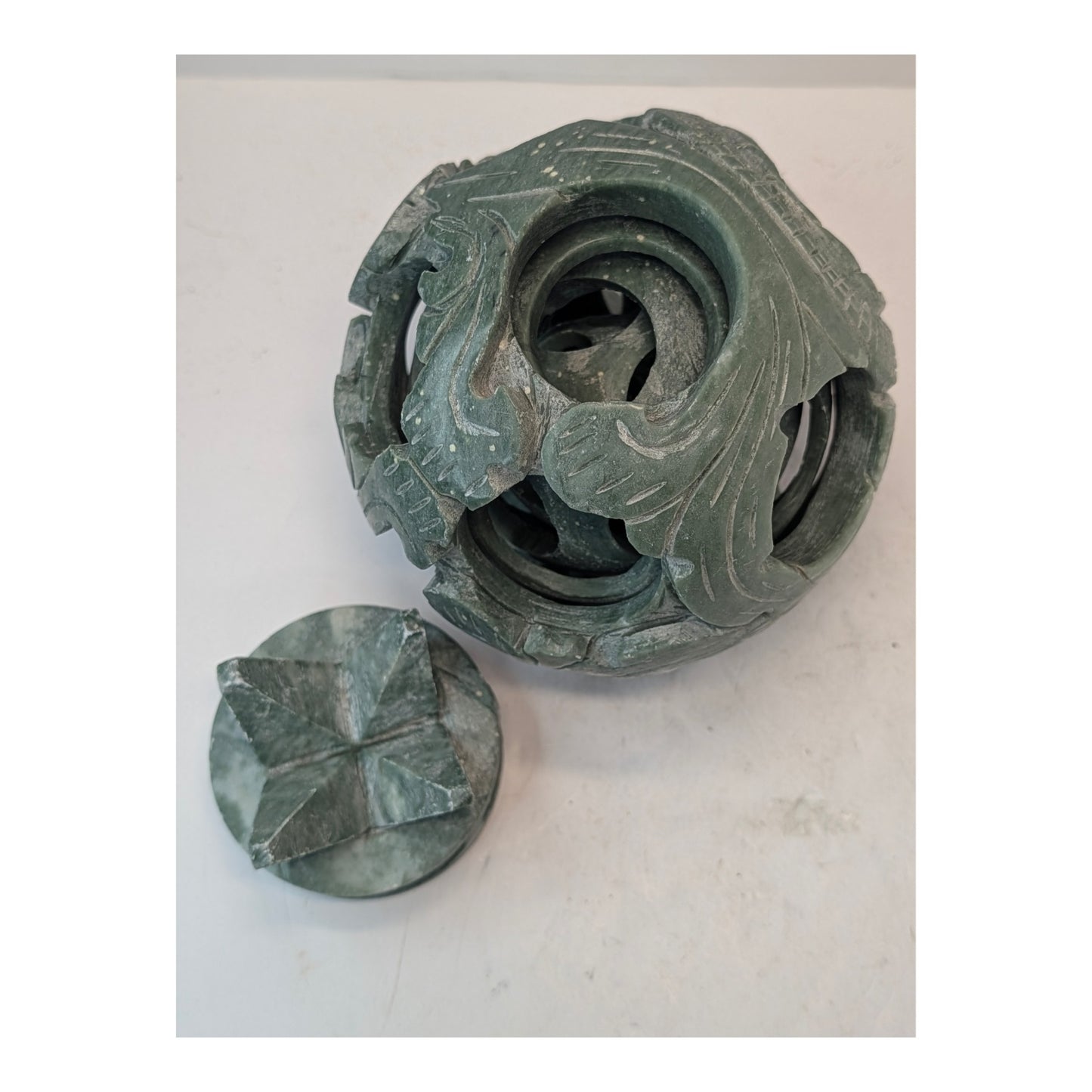 Vintage Carved Green Soapstone Chinese Puzzle Ball Sculpture