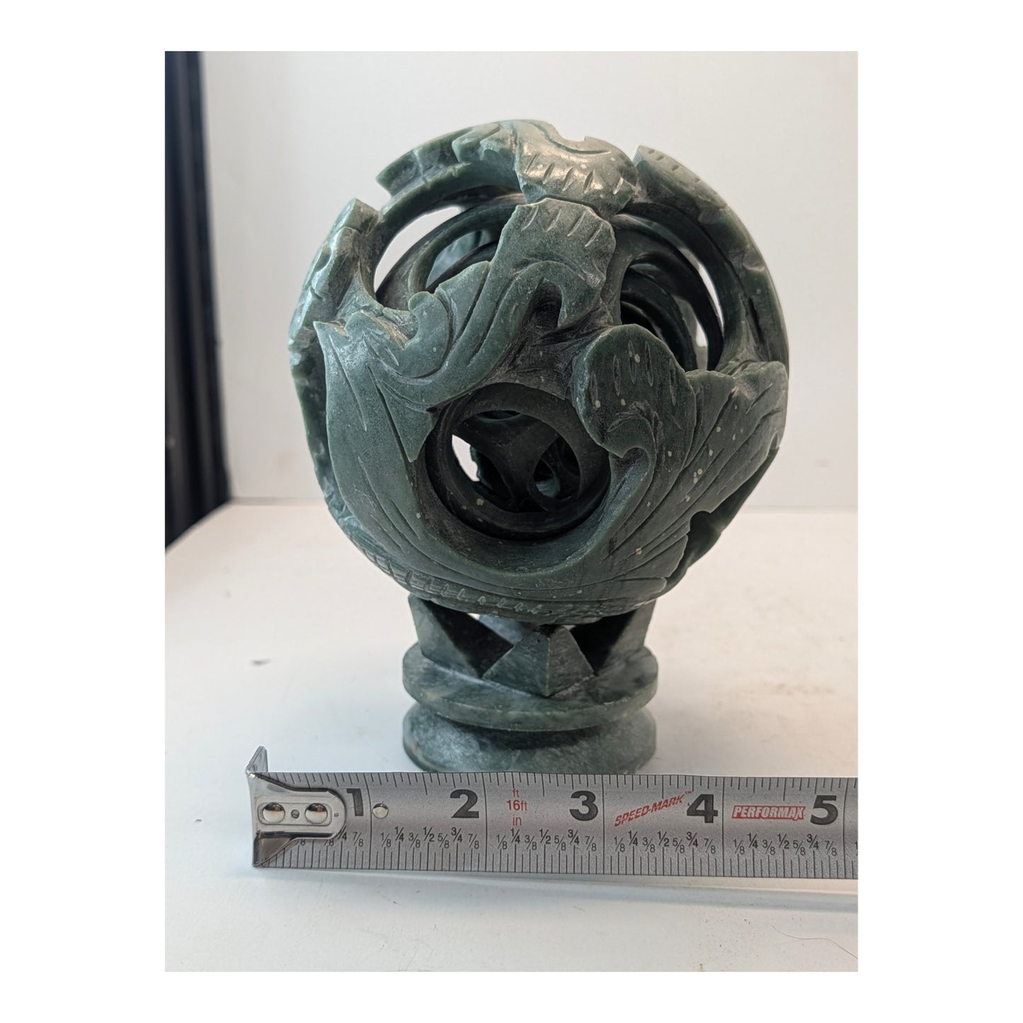 Vintage Carved Green Soapstone Chinese Puzzle Ball Sculpture