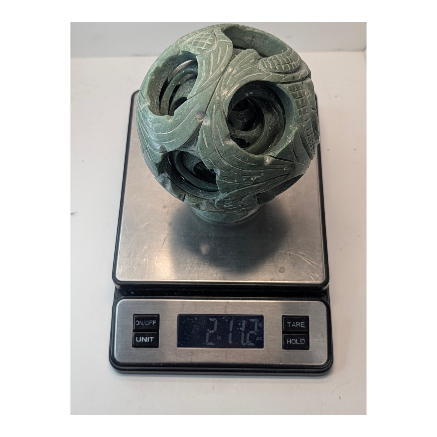 Vintage Carved Green Soapstone Chinese Puzzle Ball Sculpture