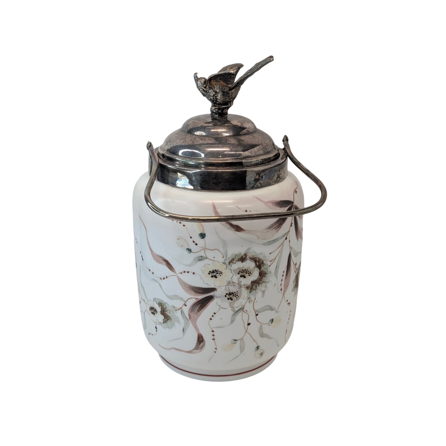 Victorian Silver Plate Biscuit Barrel w/ Bird Finial, Hand-Painted Florals