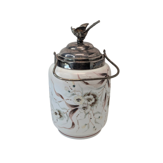 Victorian Silver Plate Biscuit Barrel w/ Bird Finial, Hand-Painted Florals