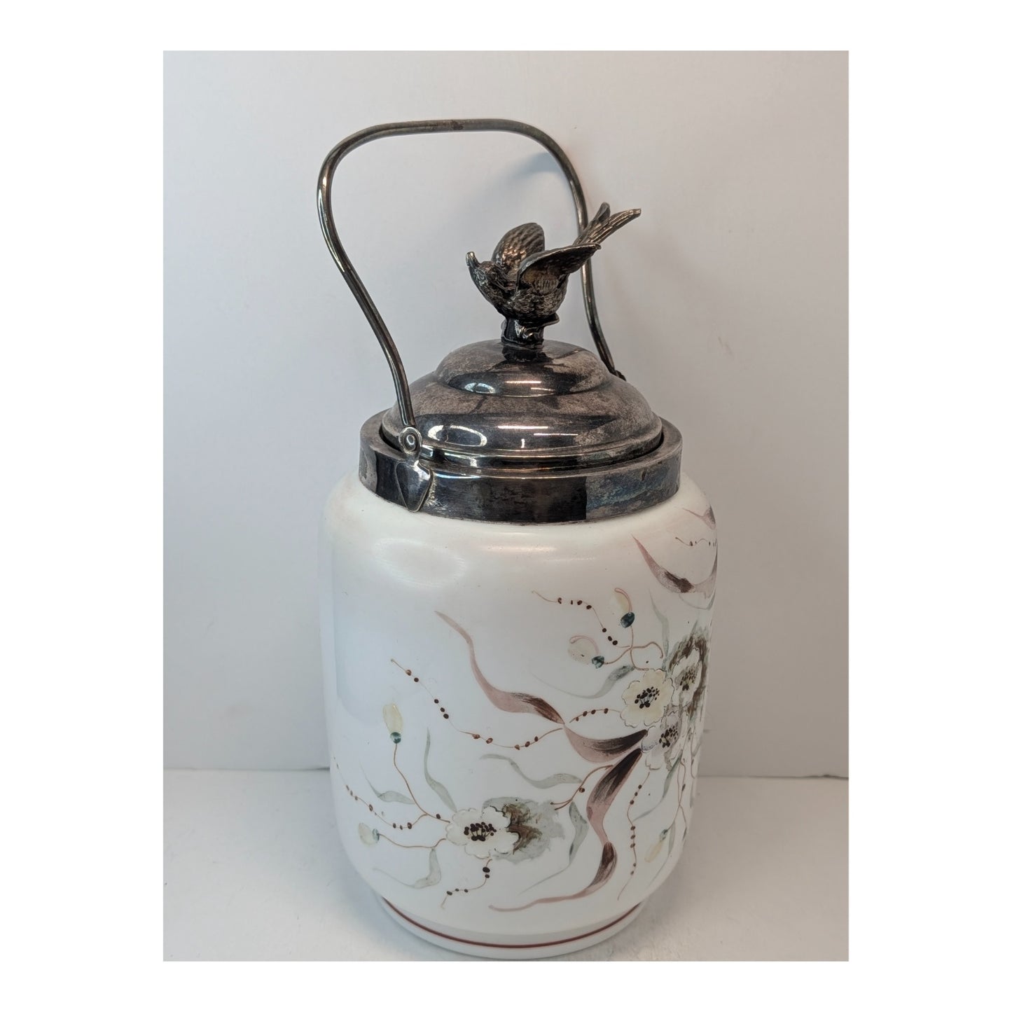 Victorian Silver Plate Biscuit Barrel w/ Bird Finial, Hand-Painted Florals