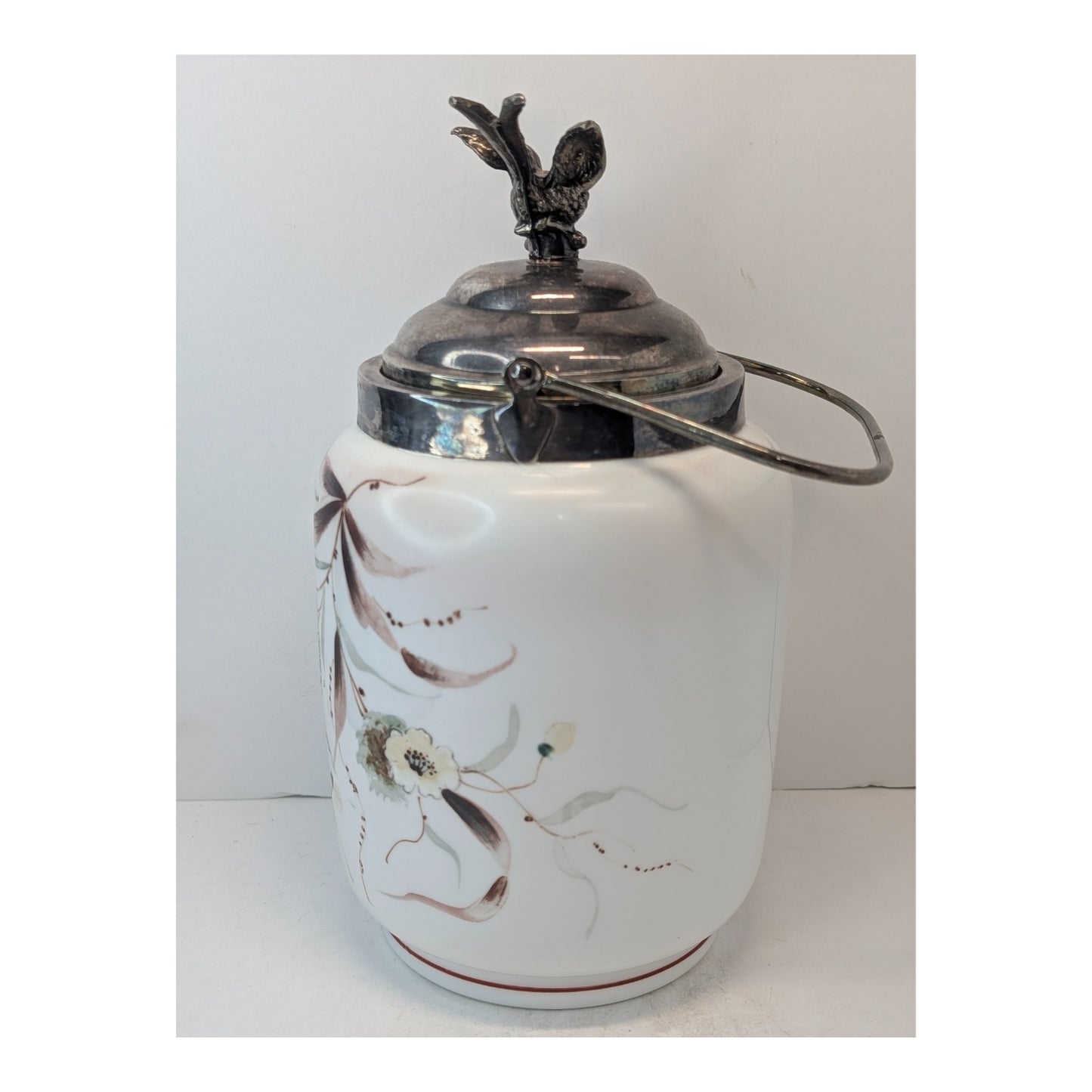 Victorian Silver Plate Biscuit Barrel w/ Bird Finial, Hand-Painted Florals