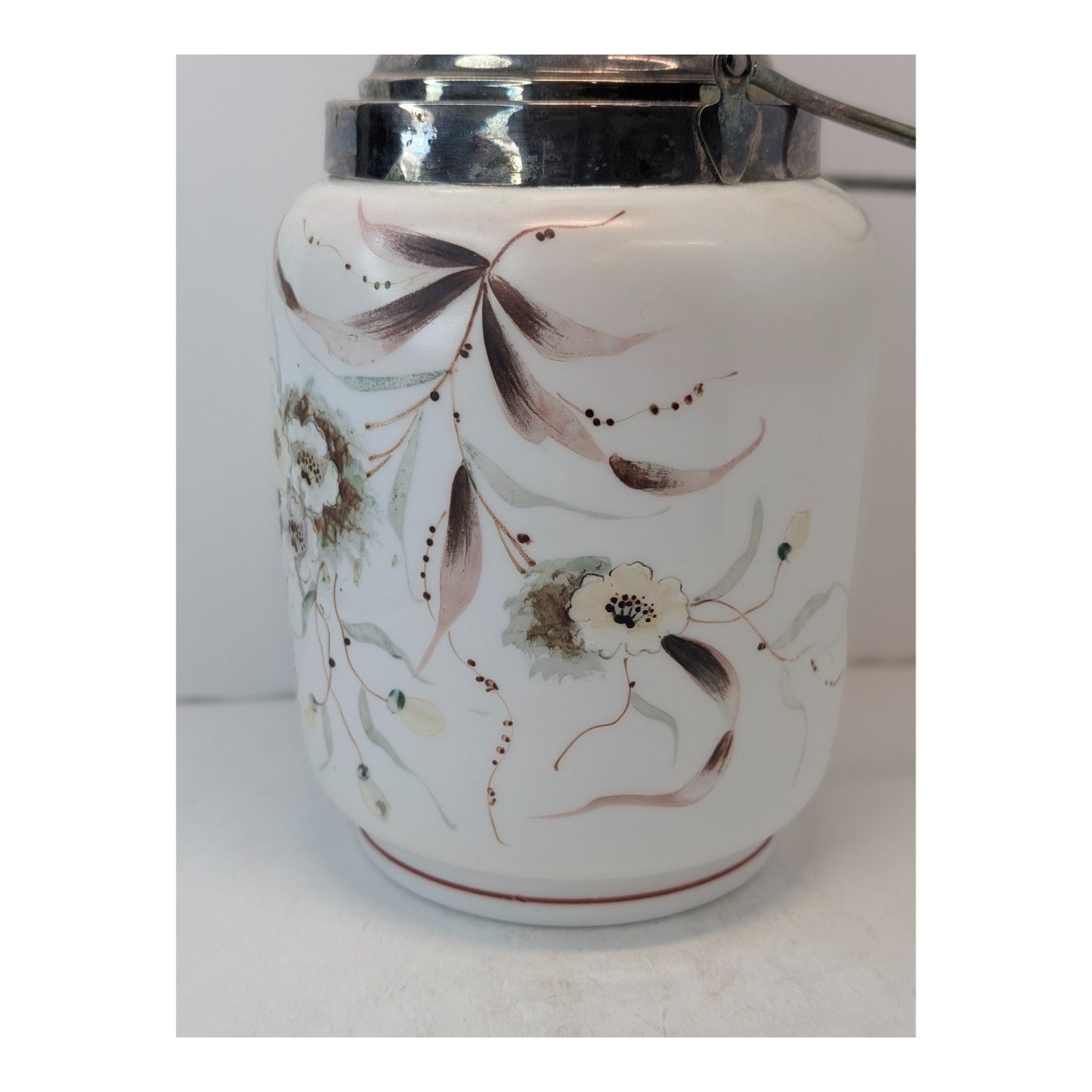 Victorian Silver Plate Biscuit Barrel w/ Bird Finial, Hand-Painted Florals