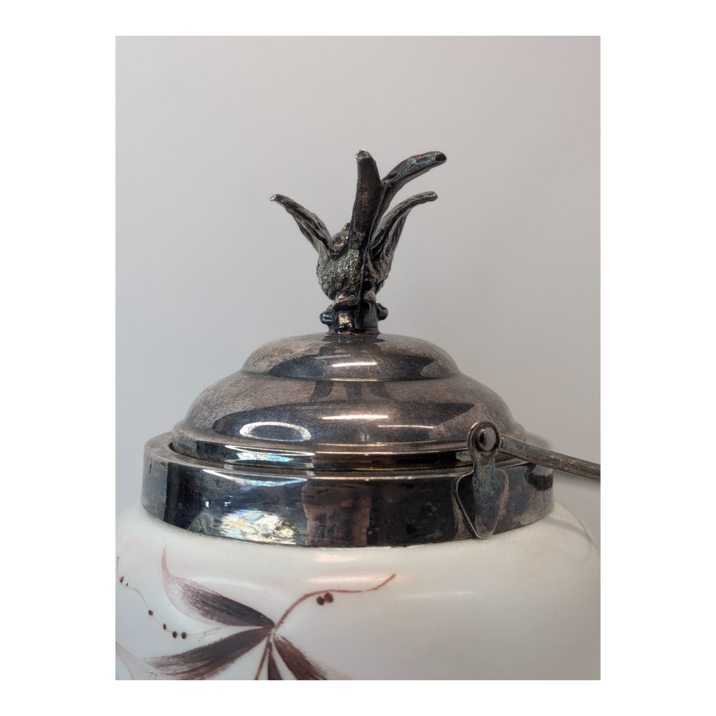 Victorian Silver Plate Biscuit Barrel w/ Bird Finial, Hand-Painted Florals