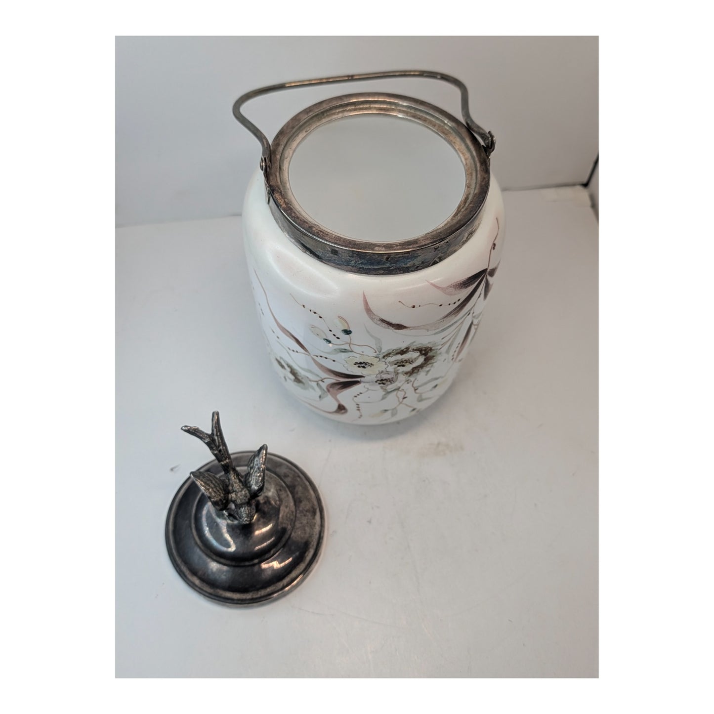 Victorian Silver Plate Biscuit Barrel w/ Bird Finial, Hand-Painted Florals