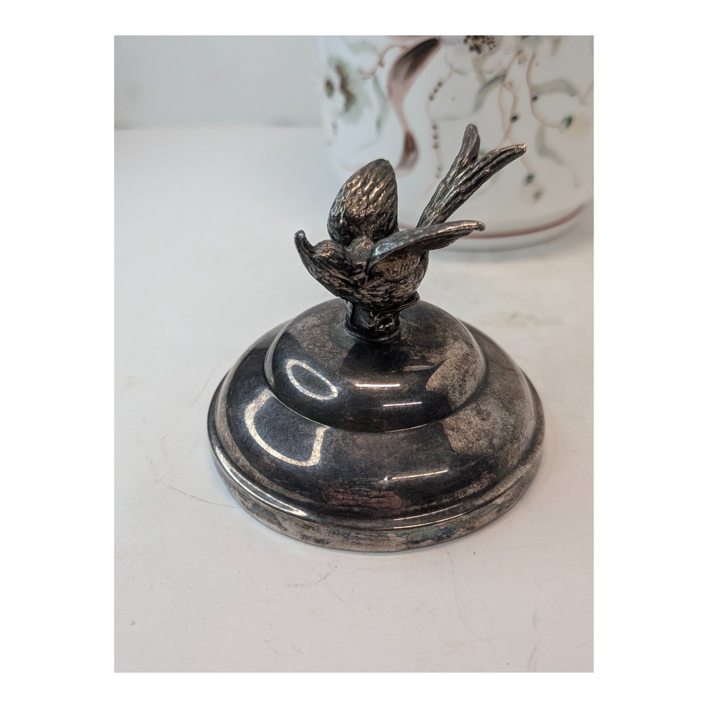 Victorian Silver Plate Biscuit Barrel w/ Bird Finial, Hand-Painted Florals
