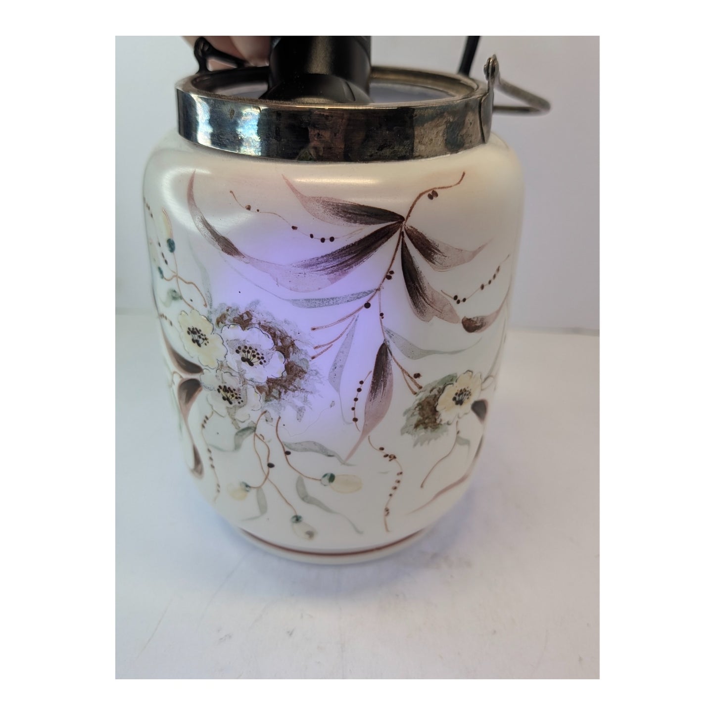 Victorian Silver Plate Biscuit Barrel w/ Bird Finial, Hand-Painted Florals