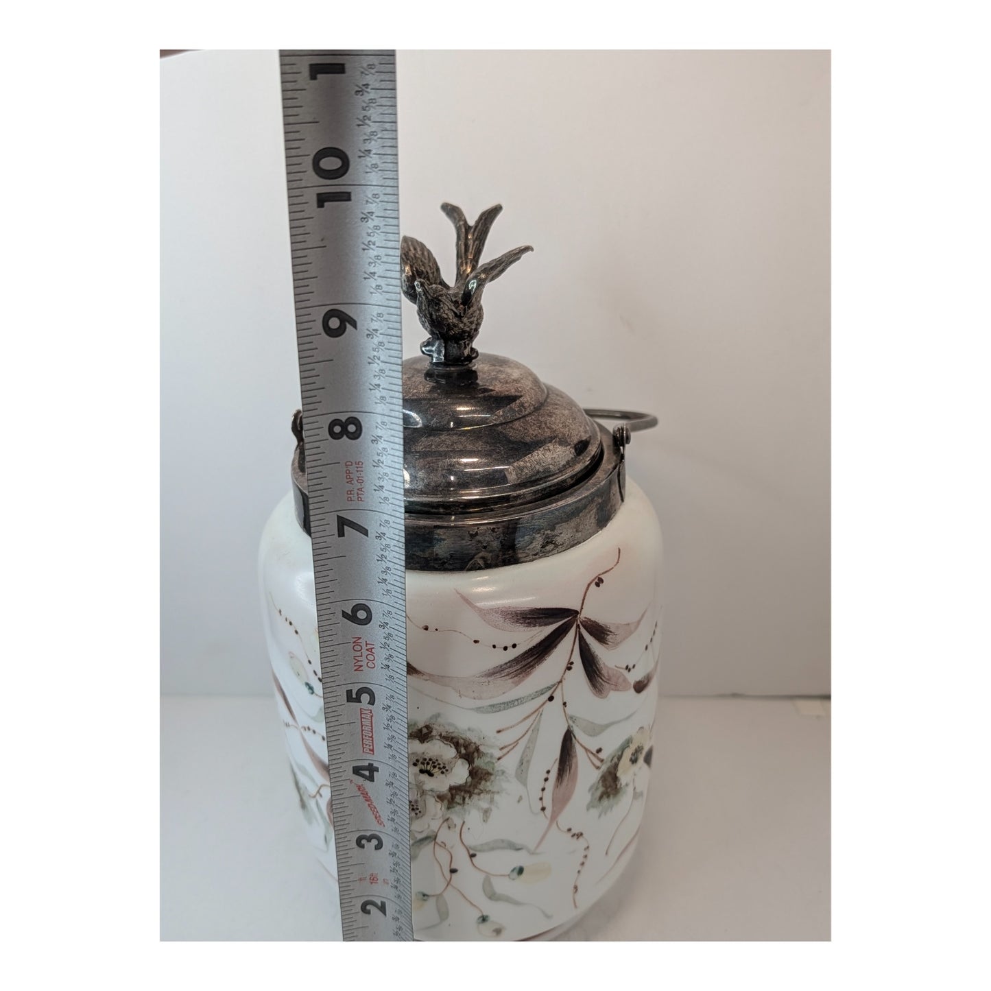 Victorian Silver Plate Biscuit Barrel w/ Bird Finial, Hand-Painted Florals