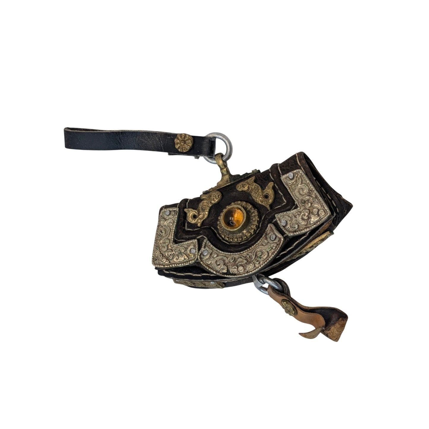 Vintage Tibetan Repoussé Metal & Leather Pouch with Dragon Motif