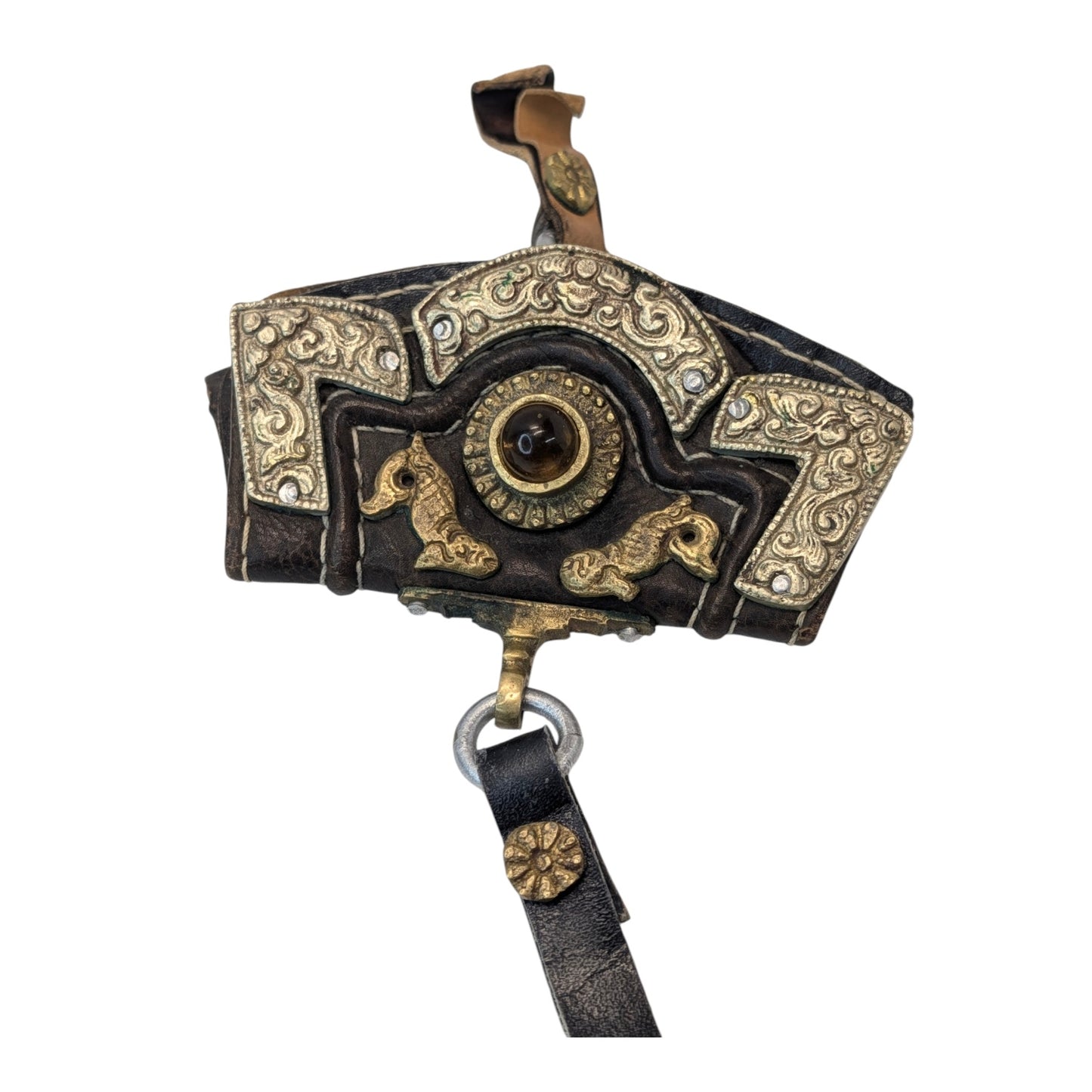Vintage Tibetan Repoussé Metal & Leather Pouch with Dragon Motif