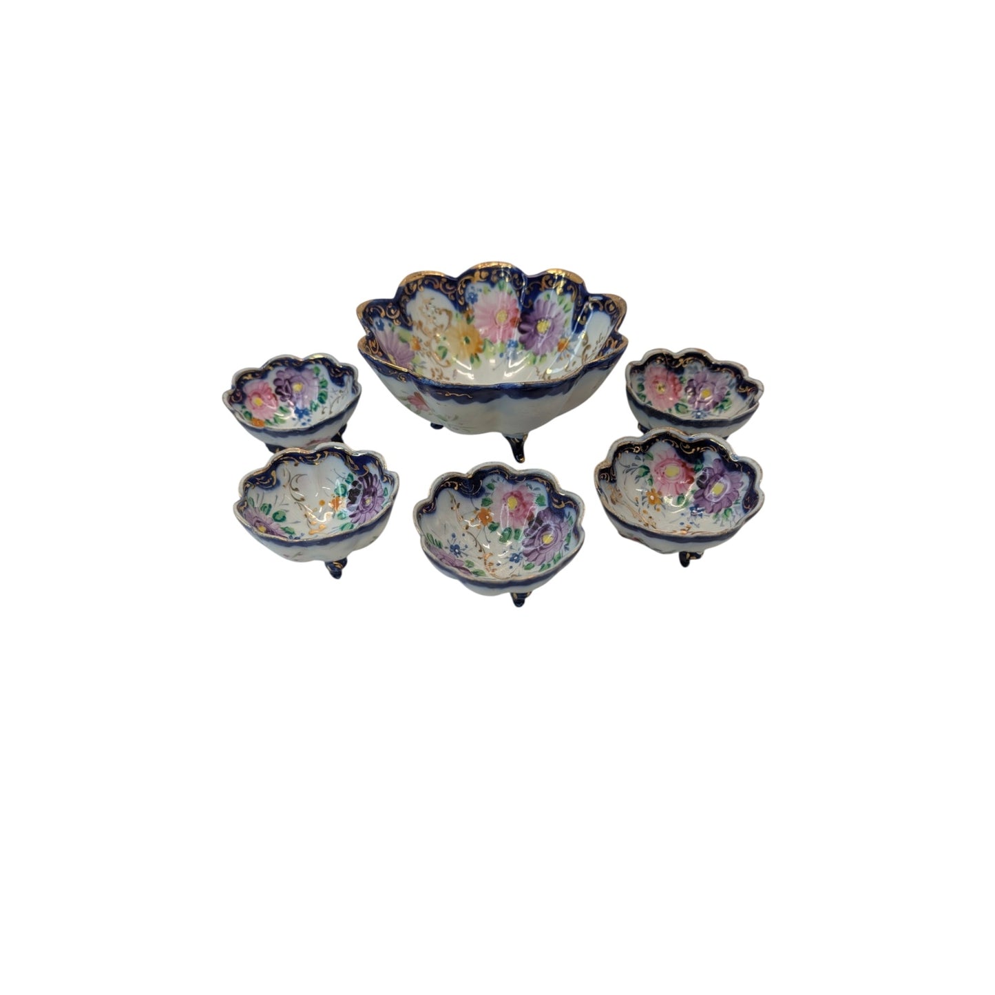 Vintage Japanese Footed Lusterware Berry Bowl Set, Hand-Painted, Gold Gilt
