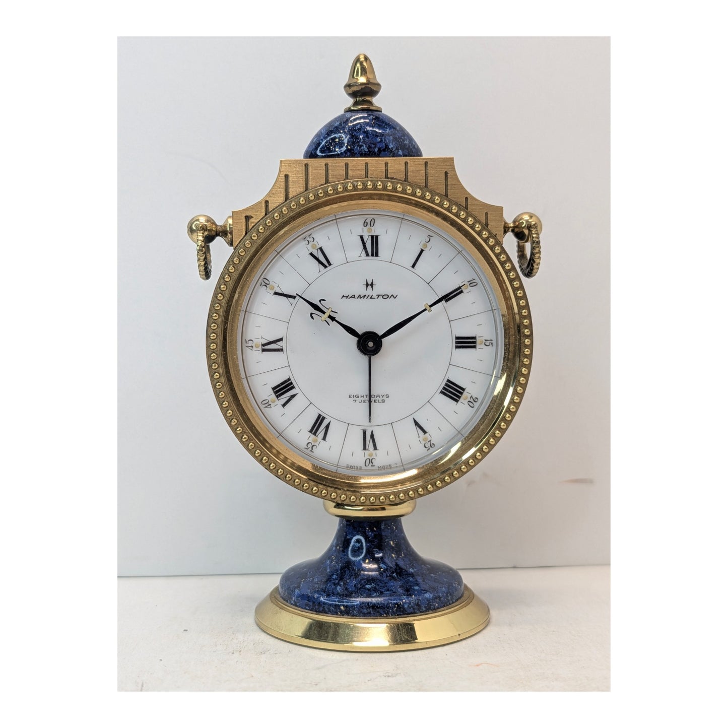 Vintage Hamilton 8-Day Lapis Lazuli & Brass Desk Clock, Swiss Made