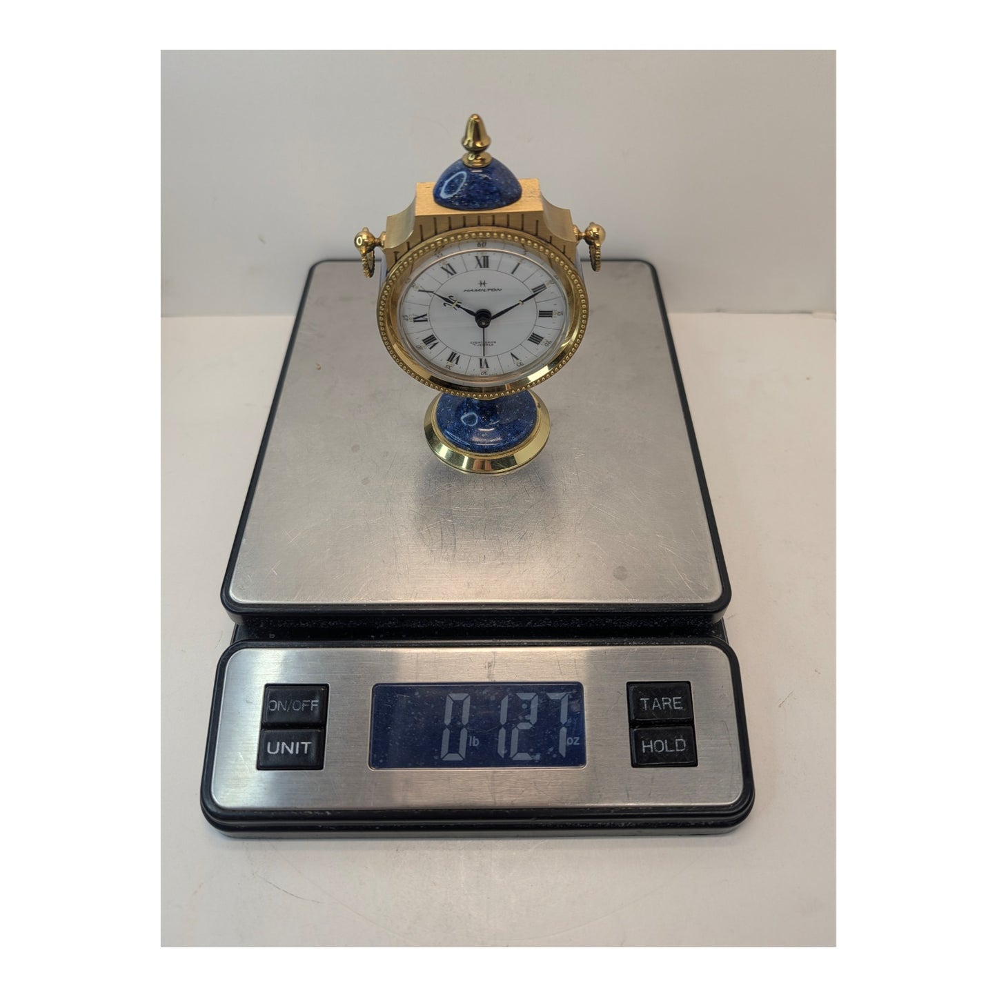Vintage Hamilton 8-Day Lapis Lazuli & Brass Desk Clock, Swiss Made