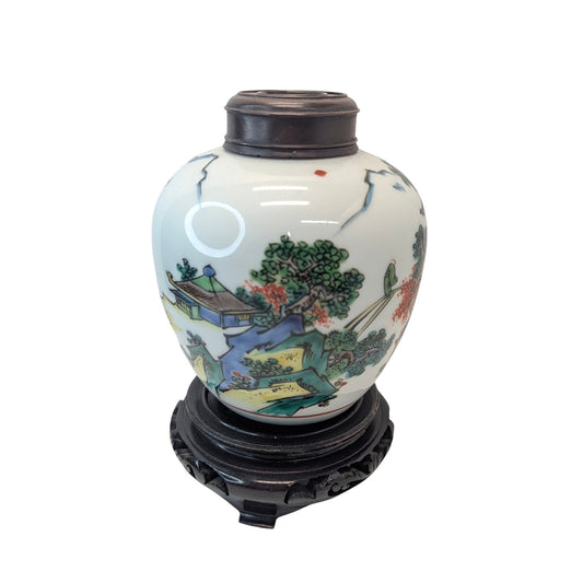 Vintage Japanese Kutani Porcelain Ginger Jar w/ Wood Lid & Stand