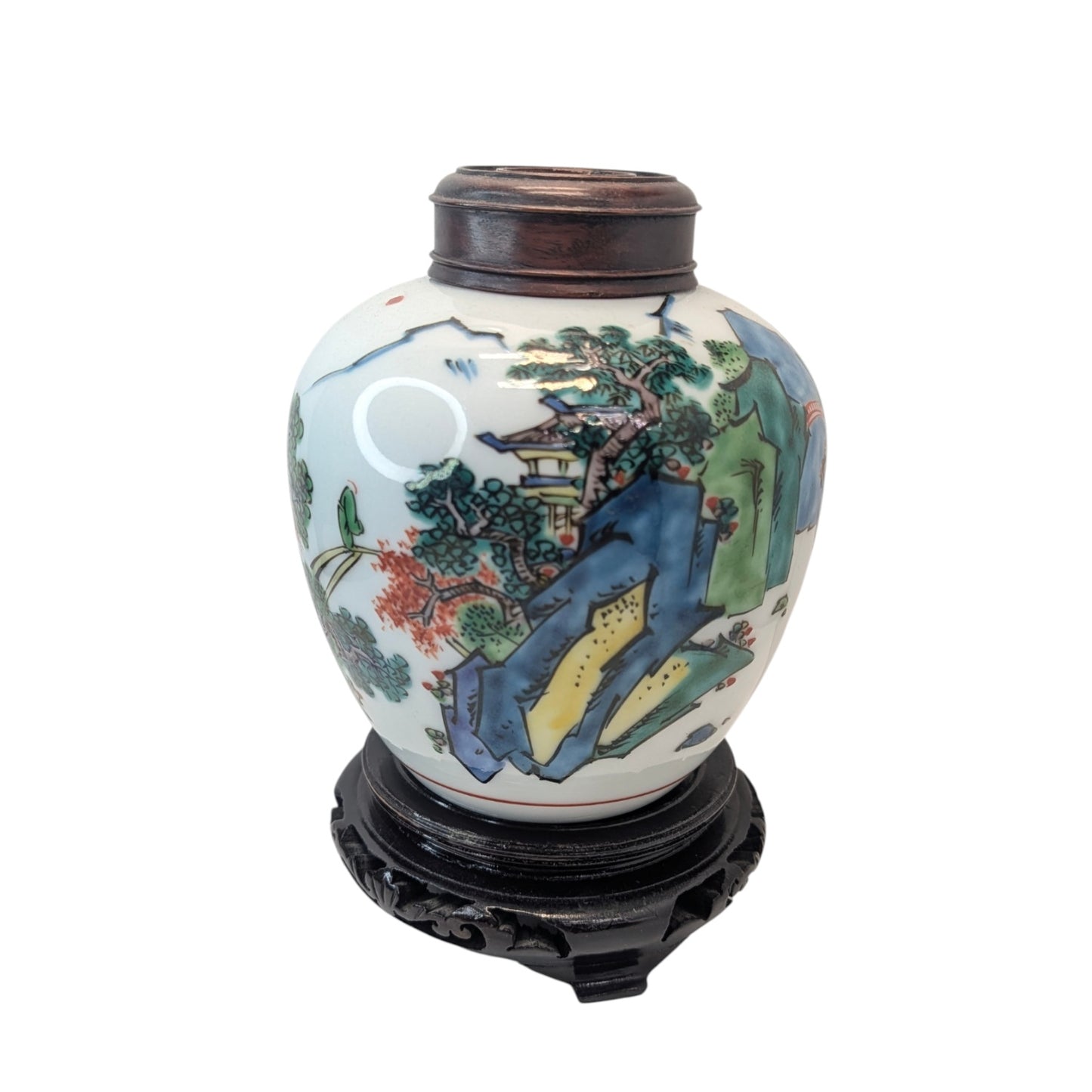 Vintage Japanese Kutani Porcelain Ginger Jar w/ Wood Lid & Stand