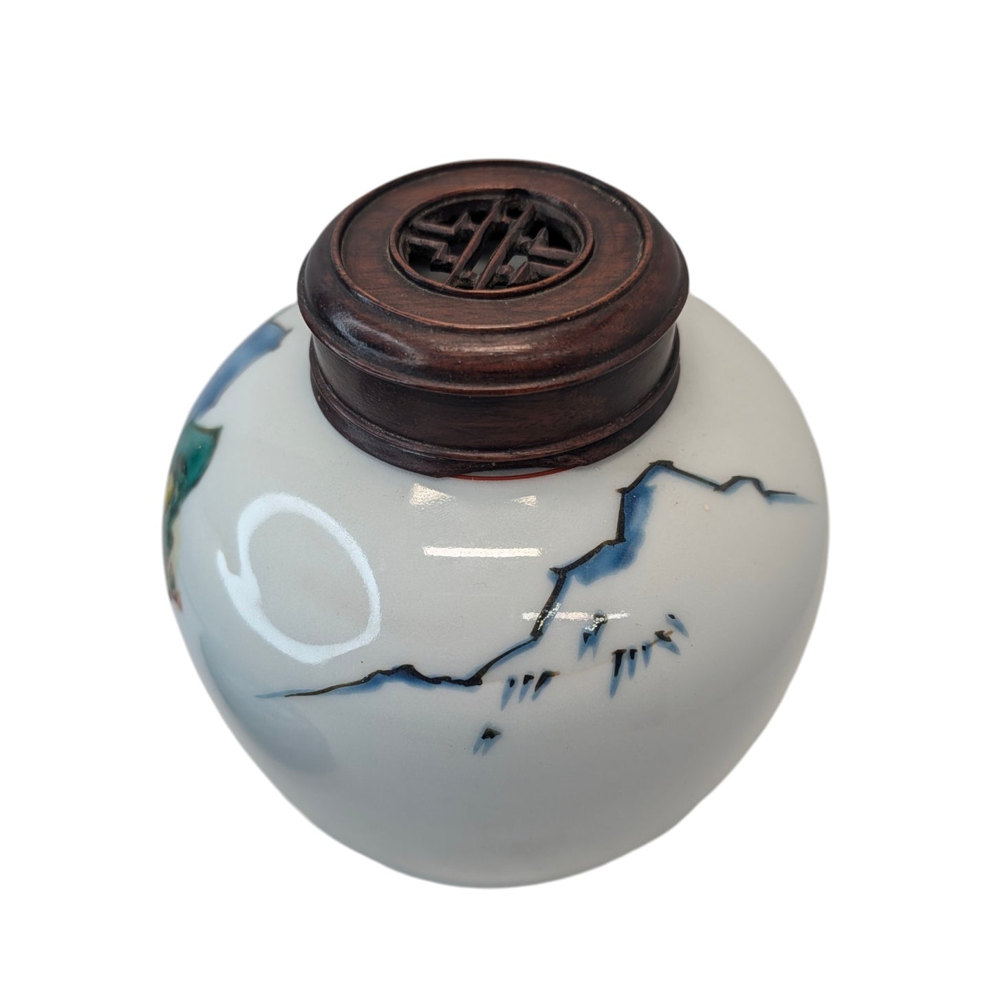 Vintage Japanese Kutani Porcelain Ginger Jar w/ Wood Lid & Stand