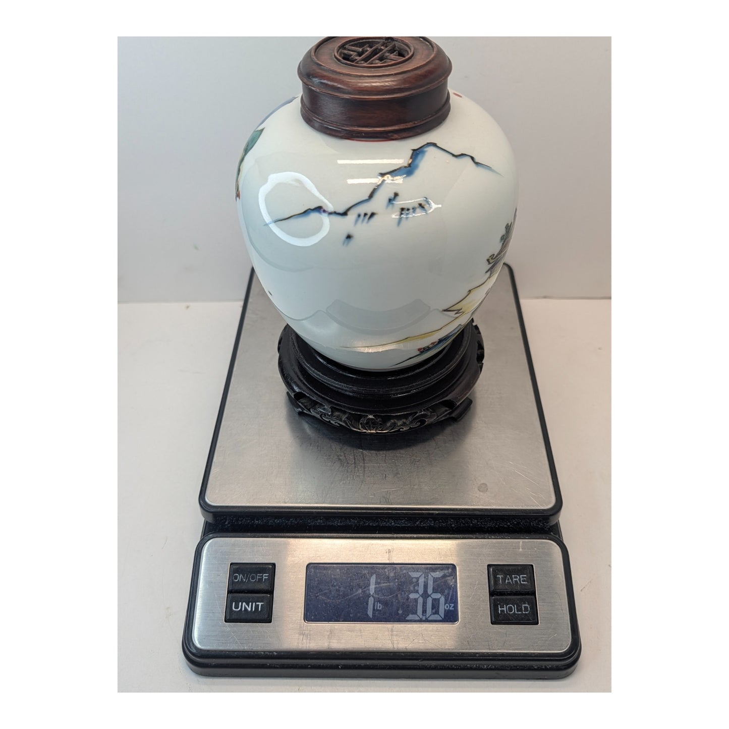 Vintage Japanese Kutani Porcelain Ginger Jar w/ Wood Lid & Stand
