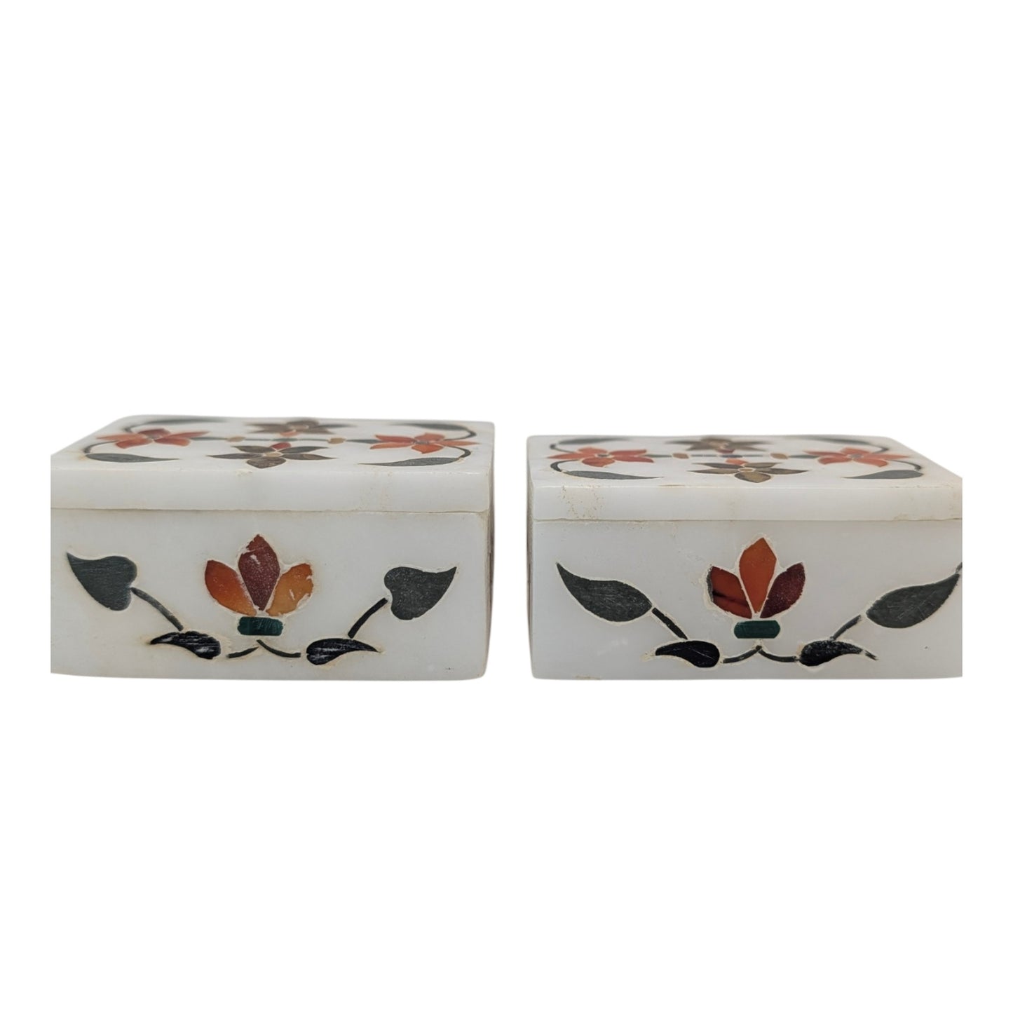 Pair Vintage Indian Marble Pietra Dura Inlay Floral Trinket Boxes