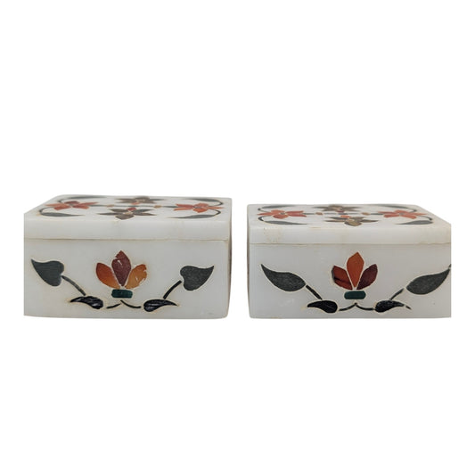 Pair Vintage Indian Marble Pietra Dura Inlay Floral Trinket Boxes