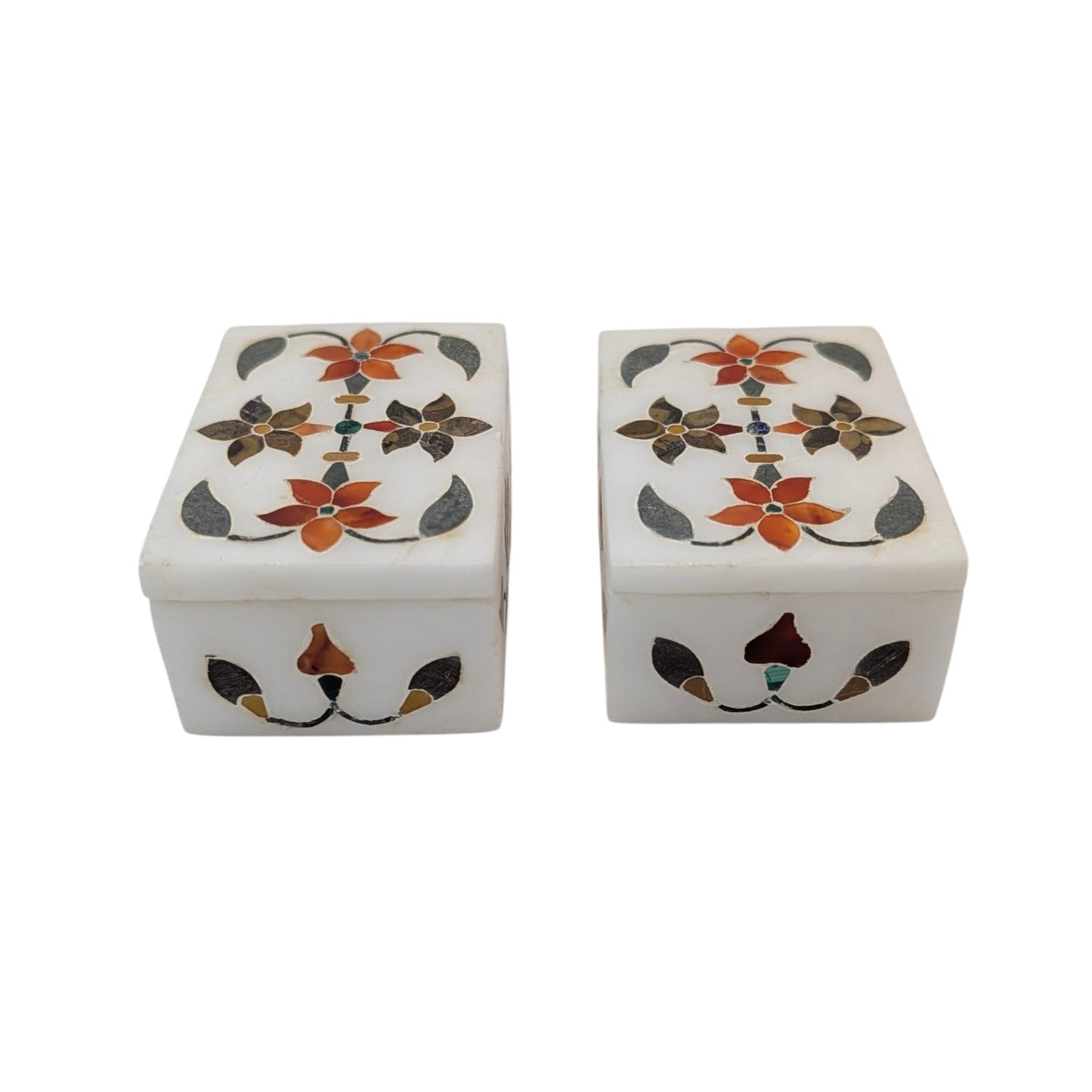 Pair Vintage Indian Marble Pietra Dura Inlay Floral Trinket Boxes
