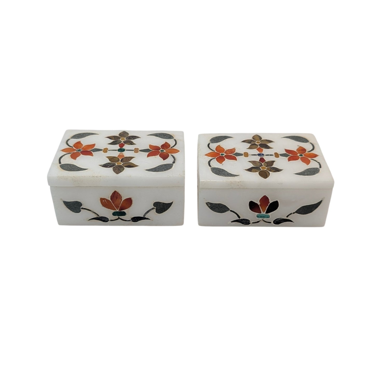 Pair Vintage Indian Marble Pietra Dura Inlay Floral Trinket Boxes
