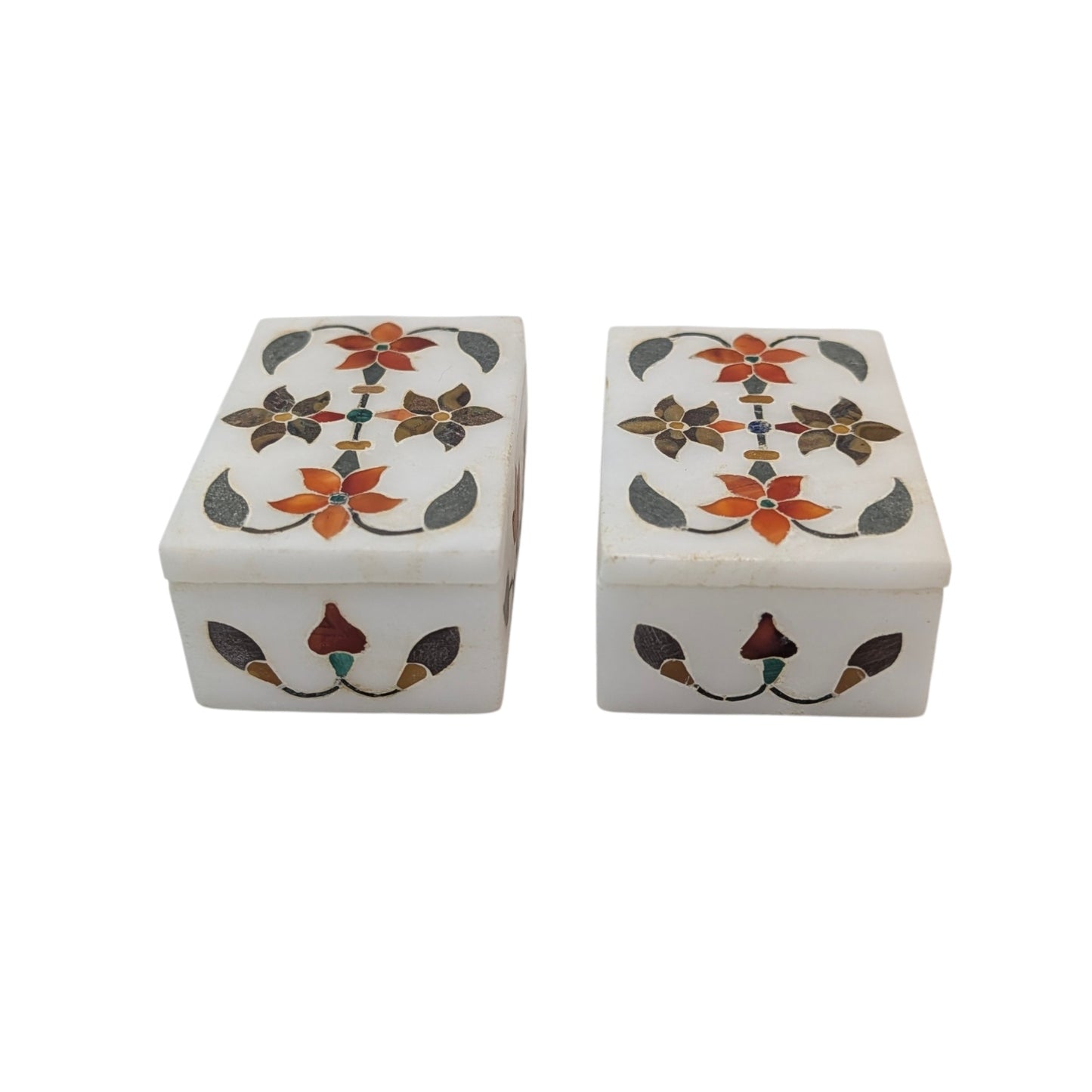 Pair Vintage Indian Marble Pietra Dura Inlay Floral Trinket Boxes
