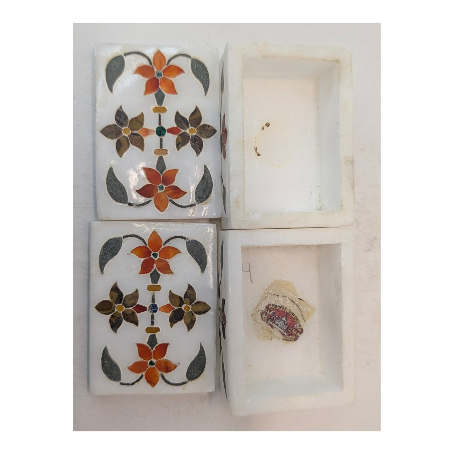 Pair Vintage Indian Marble Pietra Dura Inlay Floral Trinket Boxes