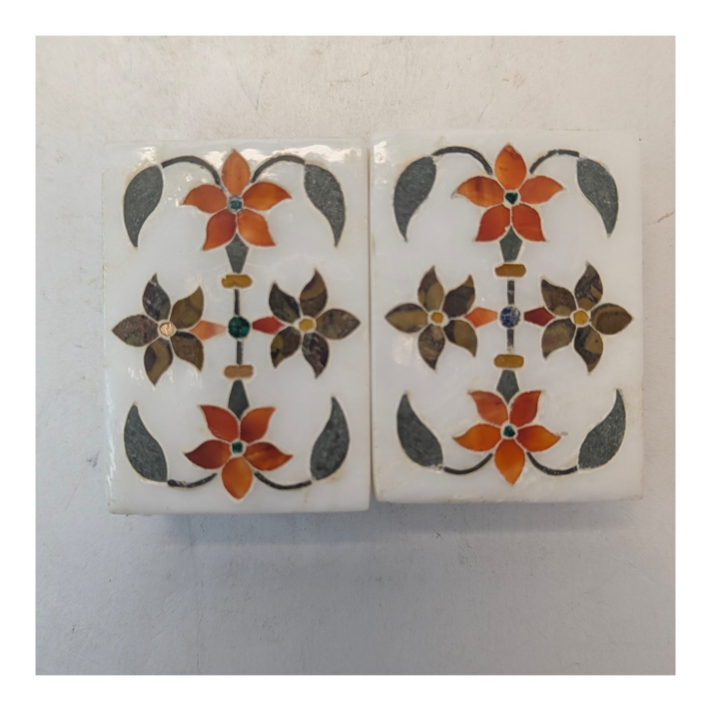 Pair Vintage Indian Marble Pietra Dura Inlay Floral Trinket Boxes