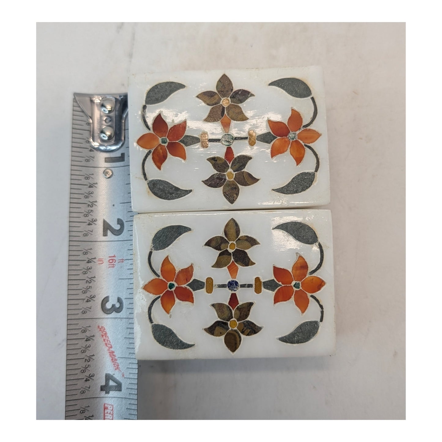 Pair Vintage Indian Marble Pietra Dura Inlay Floral Trinket Boxes