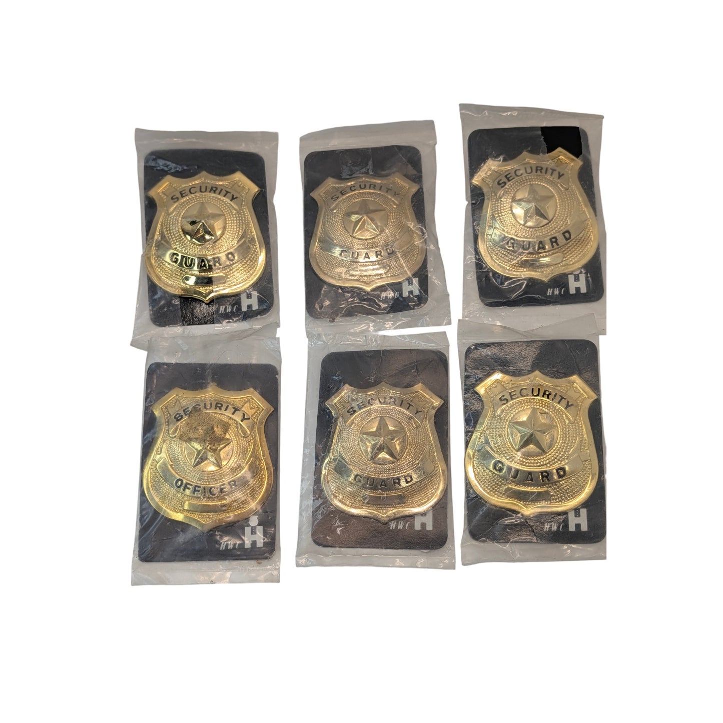 Lot of 6 Vintage HWC Security Guard Badges NOS Gold Tone Metal Prop