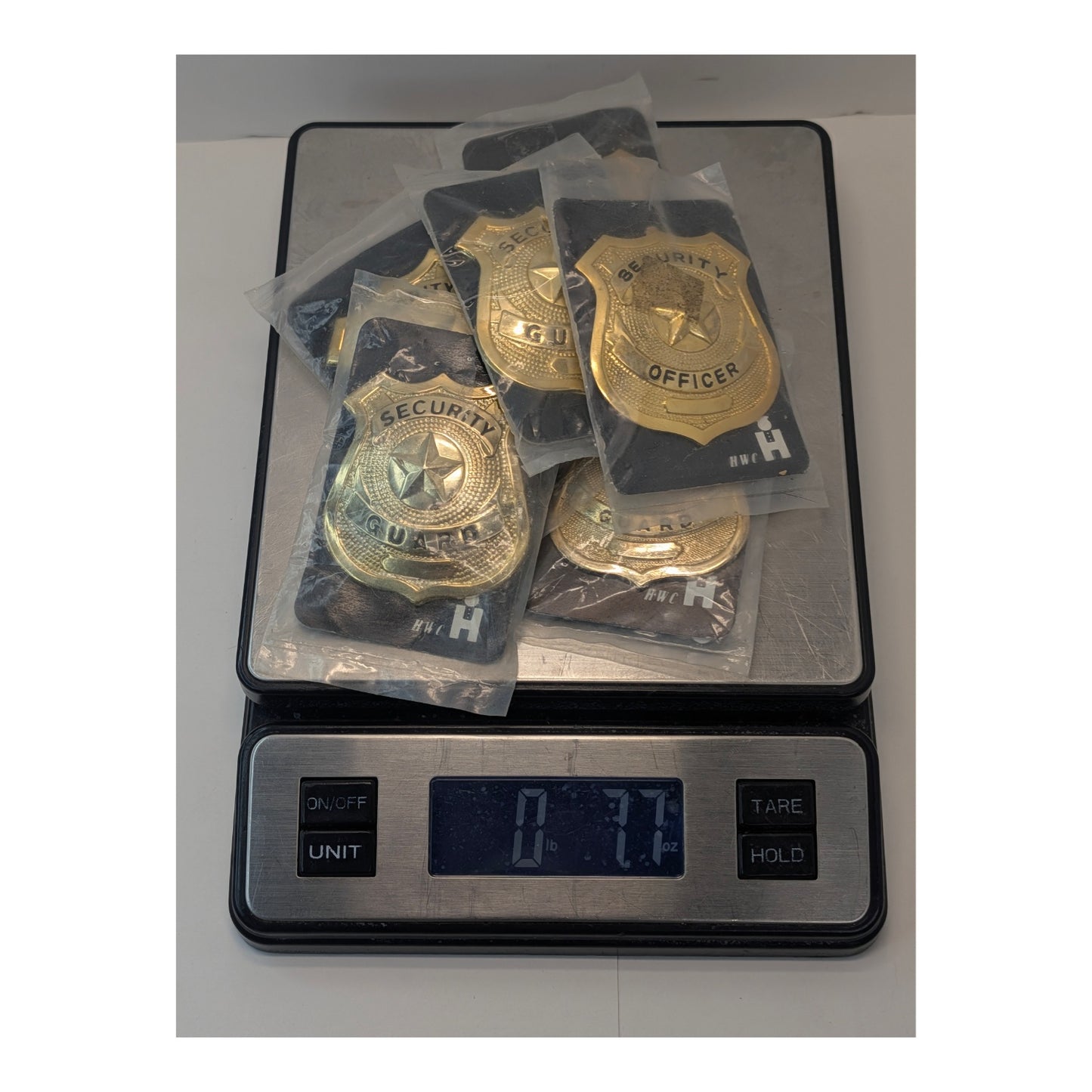 Lot of 6 Vintage HWC Security Guard Badges NOS Gold Tone Metal Prop