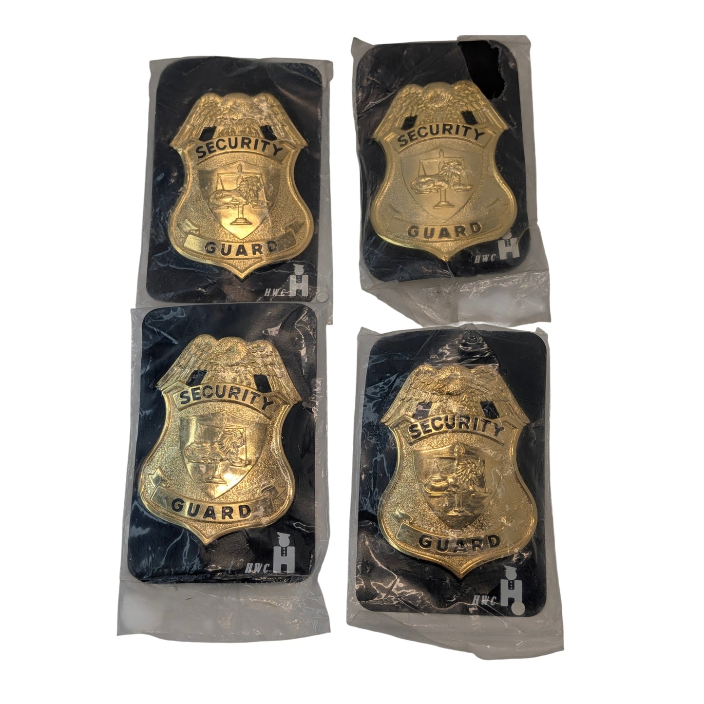 Lot of 4 Vintage HWC Security Guard Badges NOS Gold Tone Uniform Prop