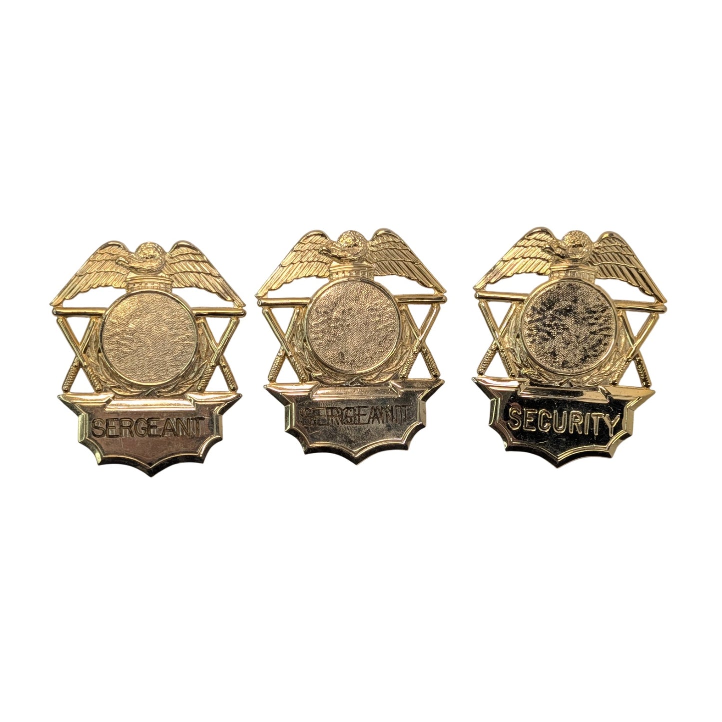 Vintage Security & Sergeant Eagle Badges, Gold Tone Metal, Lot of 3
