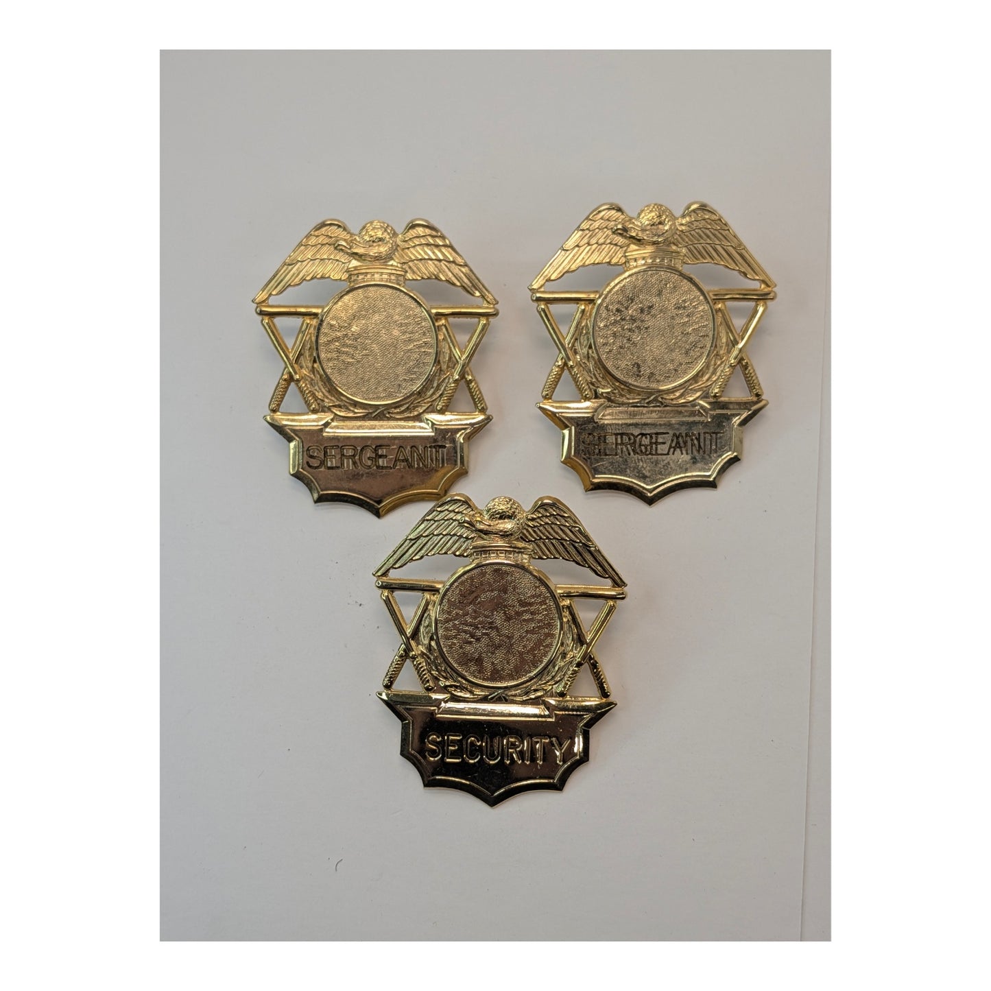 Vintage Security & Sergeant Eagle Badges, Gold Tone Metal, Lot of 3