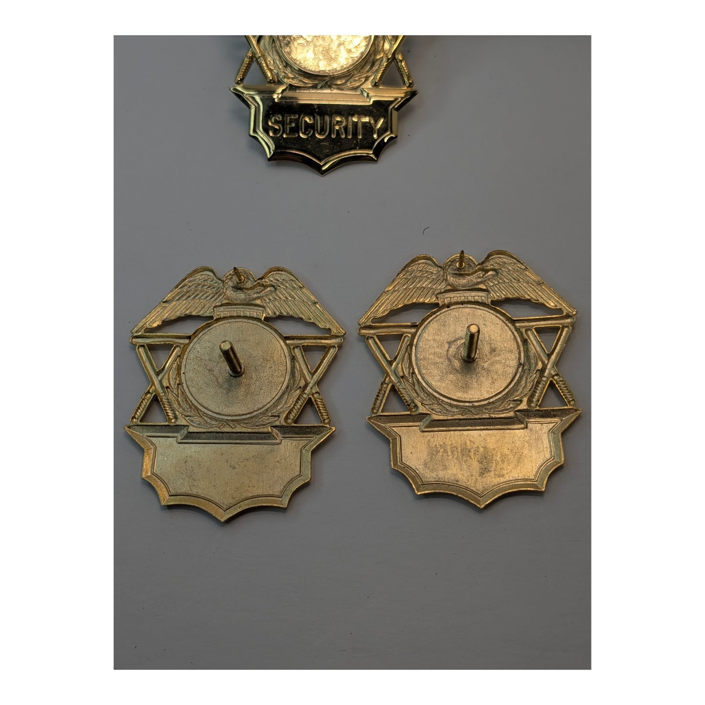 Vintage Security & Sergeant Eagle Badges, Gold Tone Metal, Lot of 3