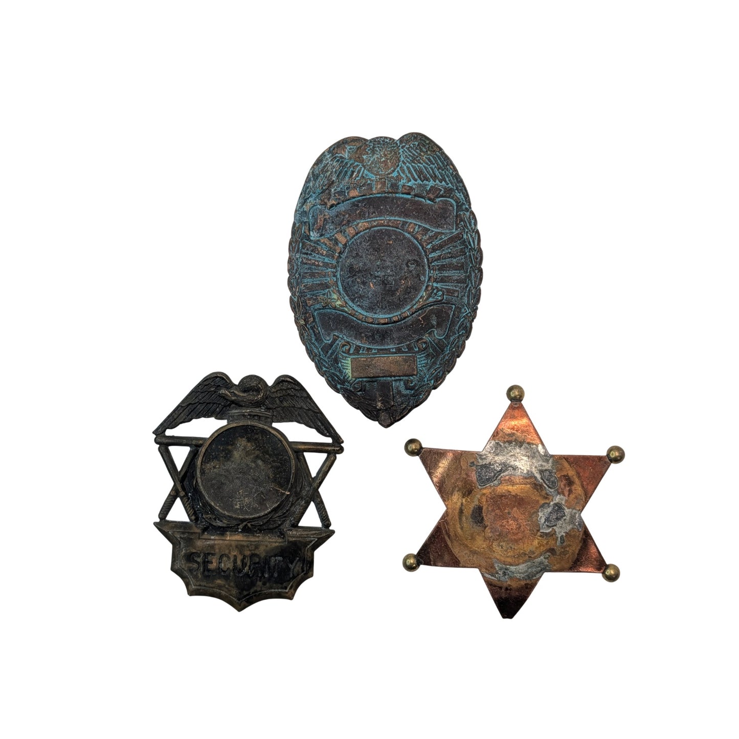 Artisanal Prop Police & Sheriff Badge Lot, Heavy Verdigris Patina