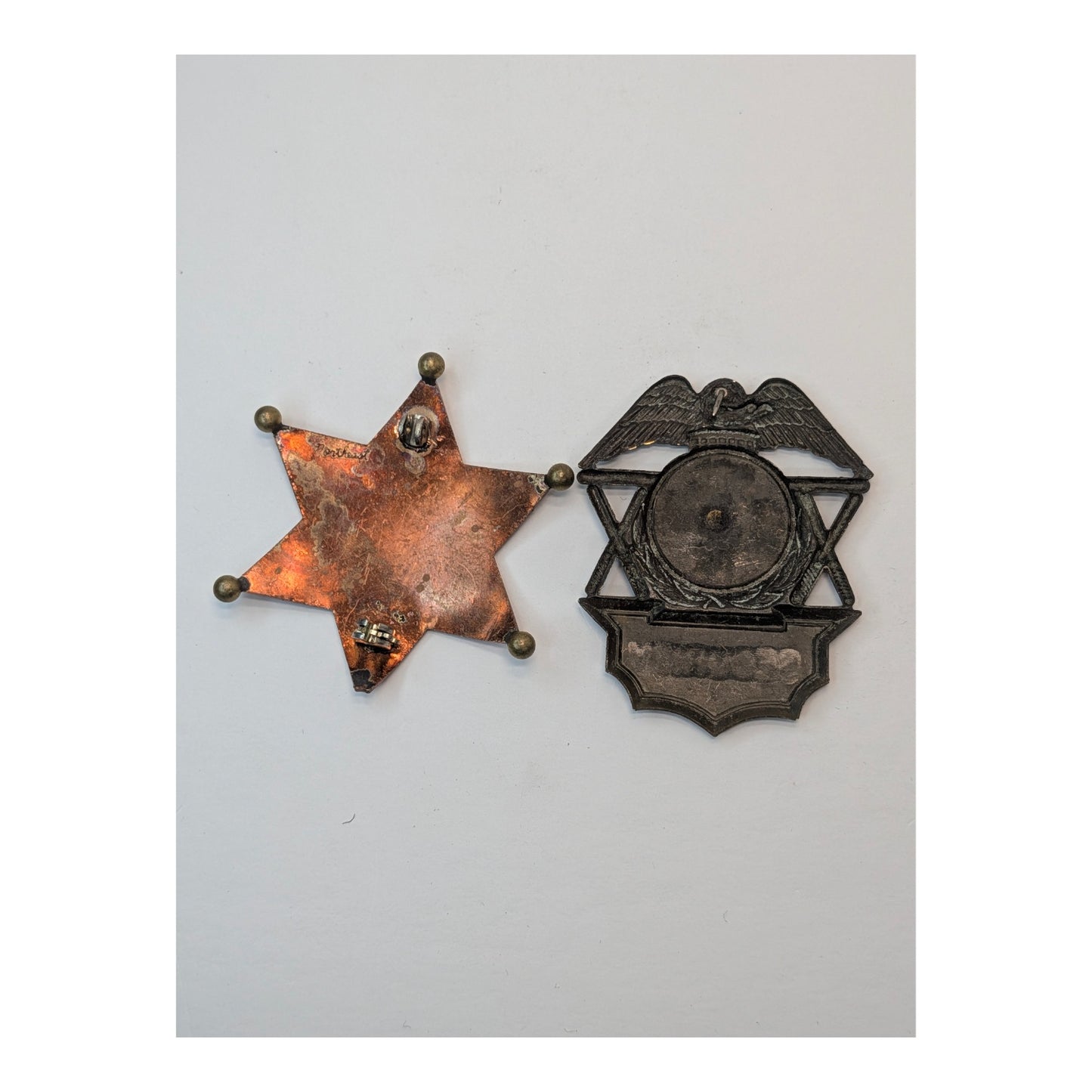 Artisanal Prop Police & Sheriff Badge Lot, Heavy Verdigris Patina