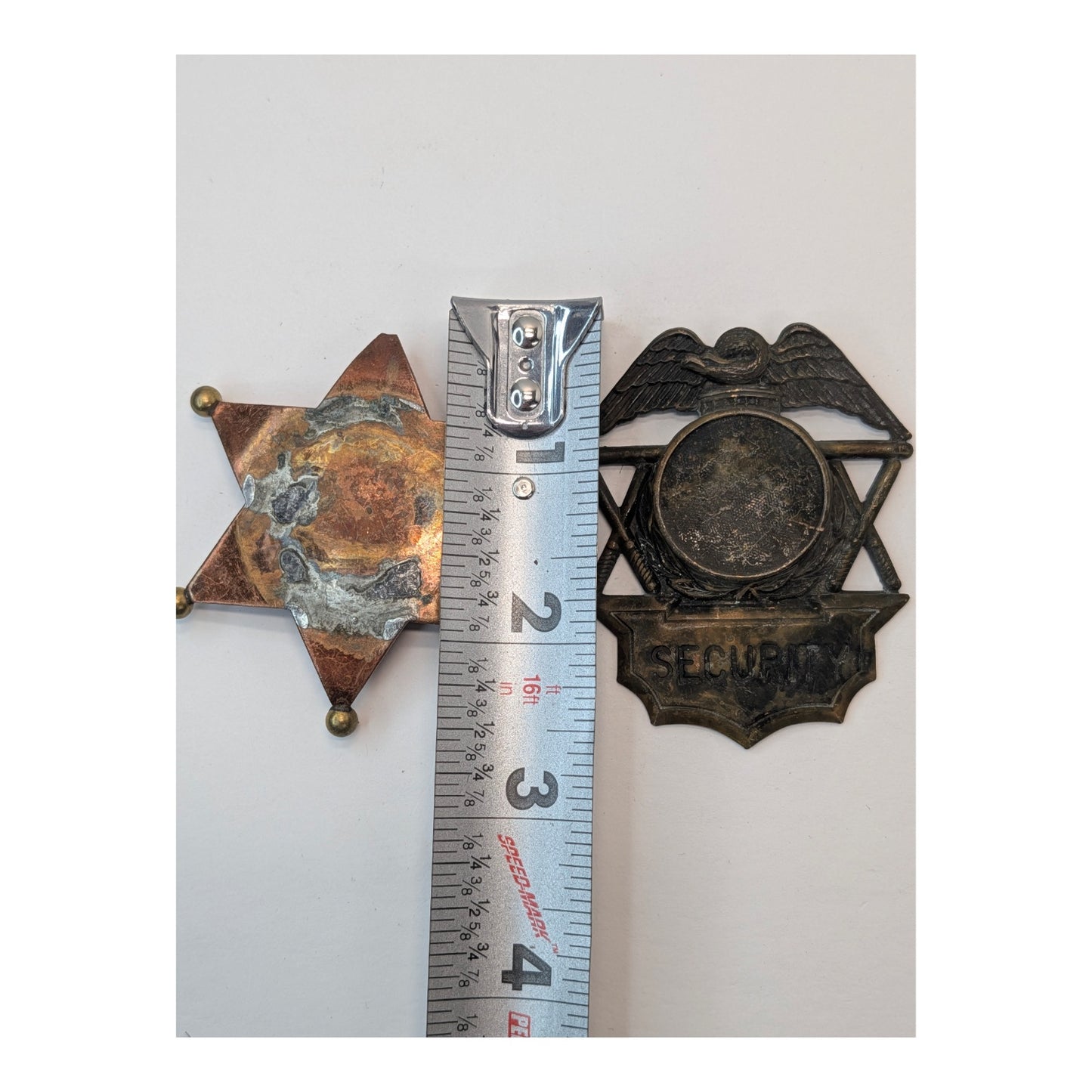 Artisanal Prop Police & Sheriff Badge Lot, Heavy Verdigris Patina