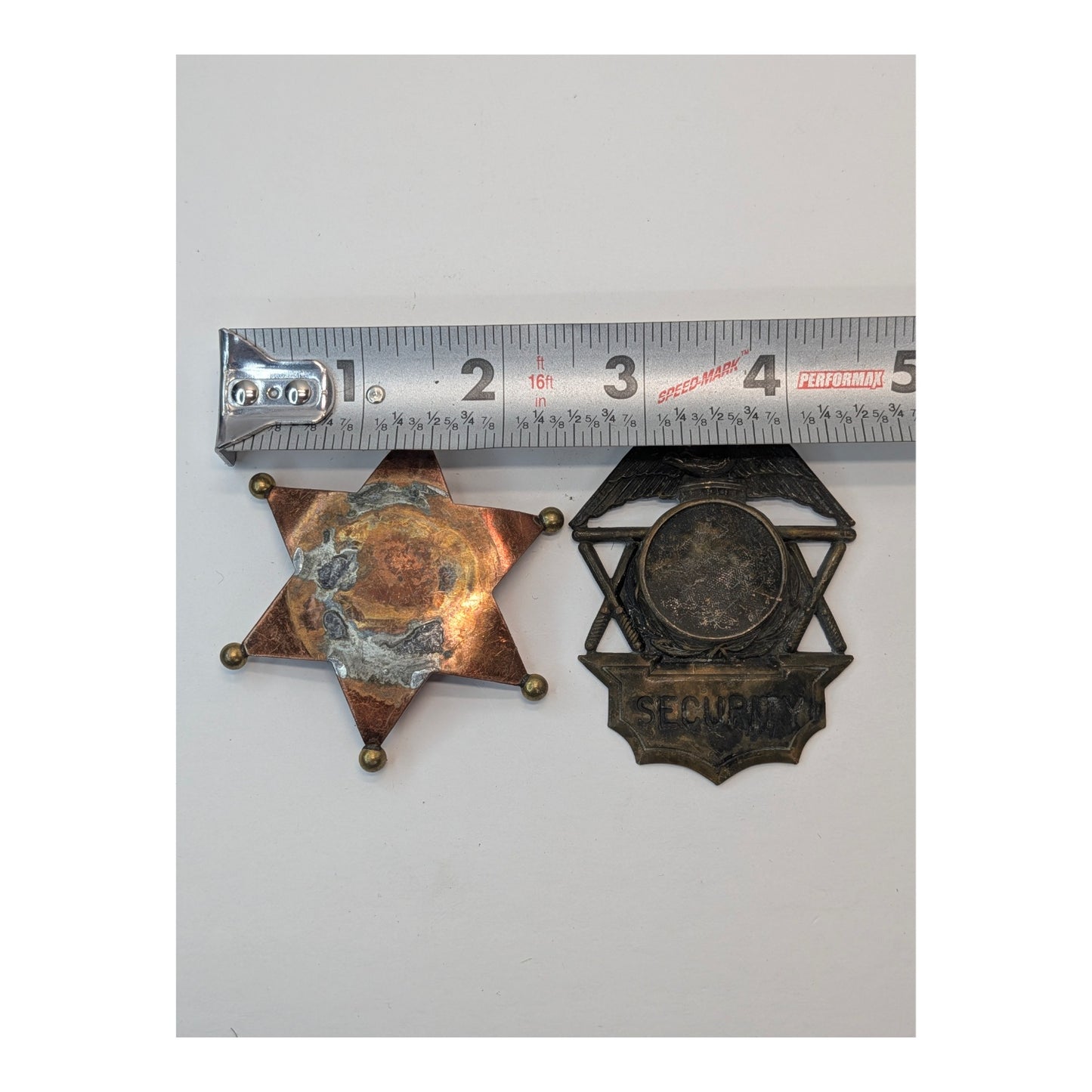 Artisanal Prop Police & Sheriff Badge Lot, Heavy Verdigris Patina