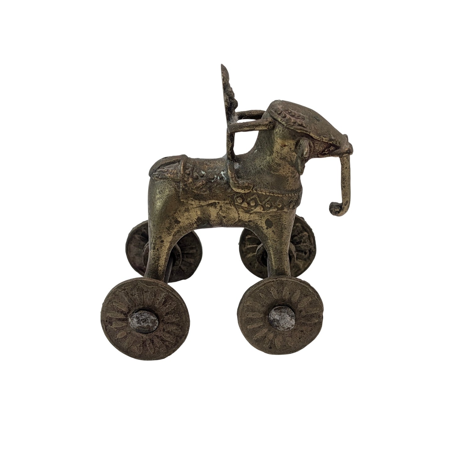 Vintage Indian Dhokra Brass Elephant Toy with Rider on Wheels