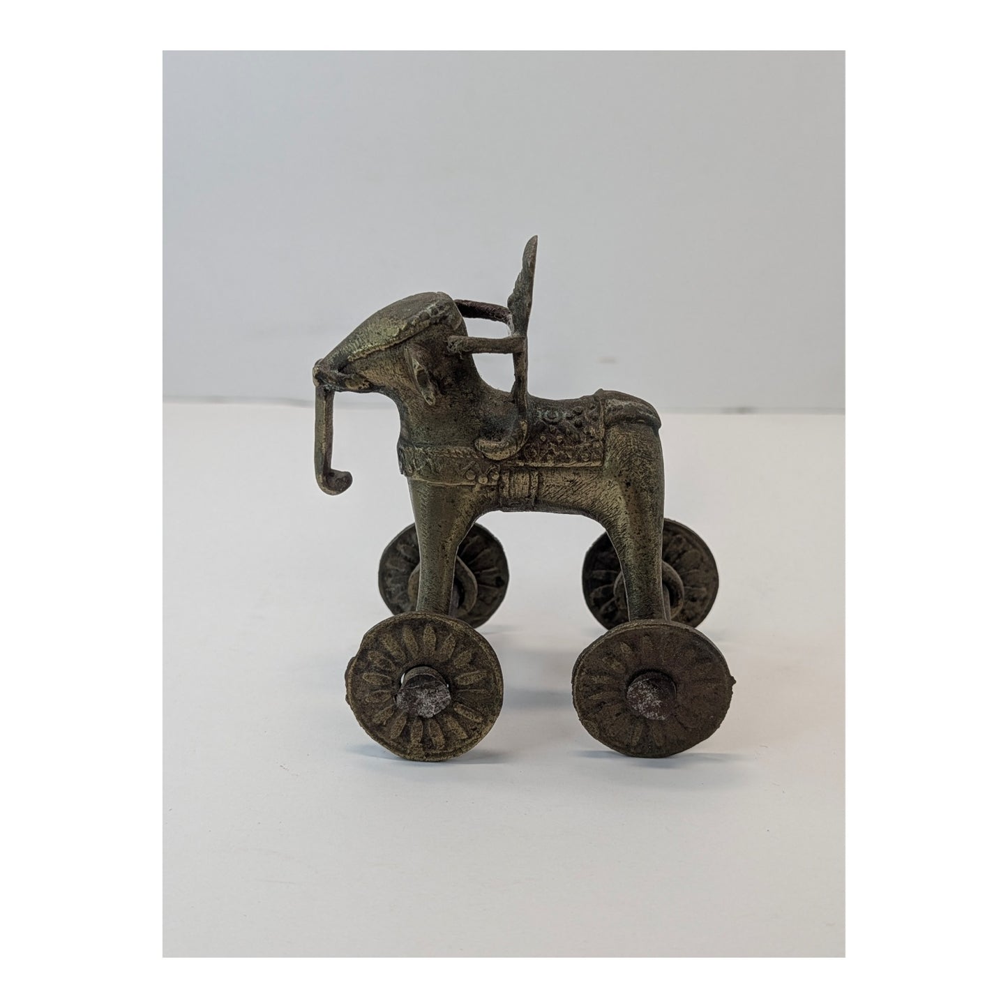Vintage Indian Dhokra Brass Elephant Toy with Rider on Wheels