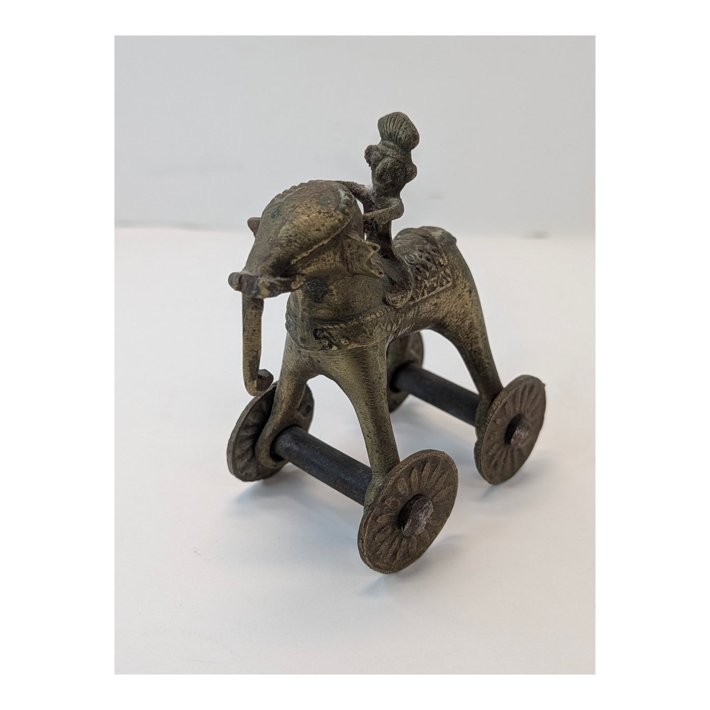 Vintage Indian Dhokra Brass Elephant Toy with Rider on Wheels