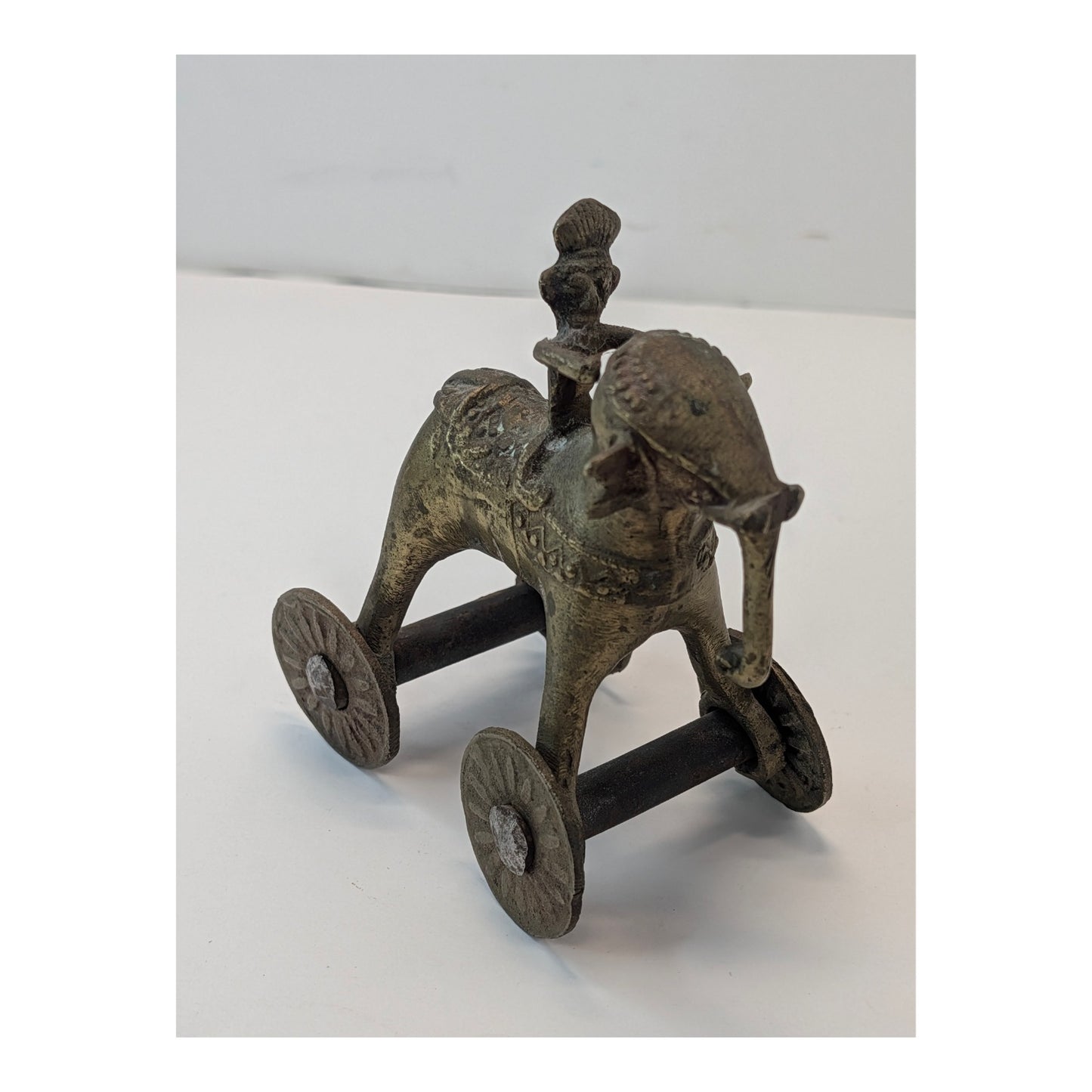 Vintage Indian Dhokra Brass Elephant Toy with Rider on Wheels