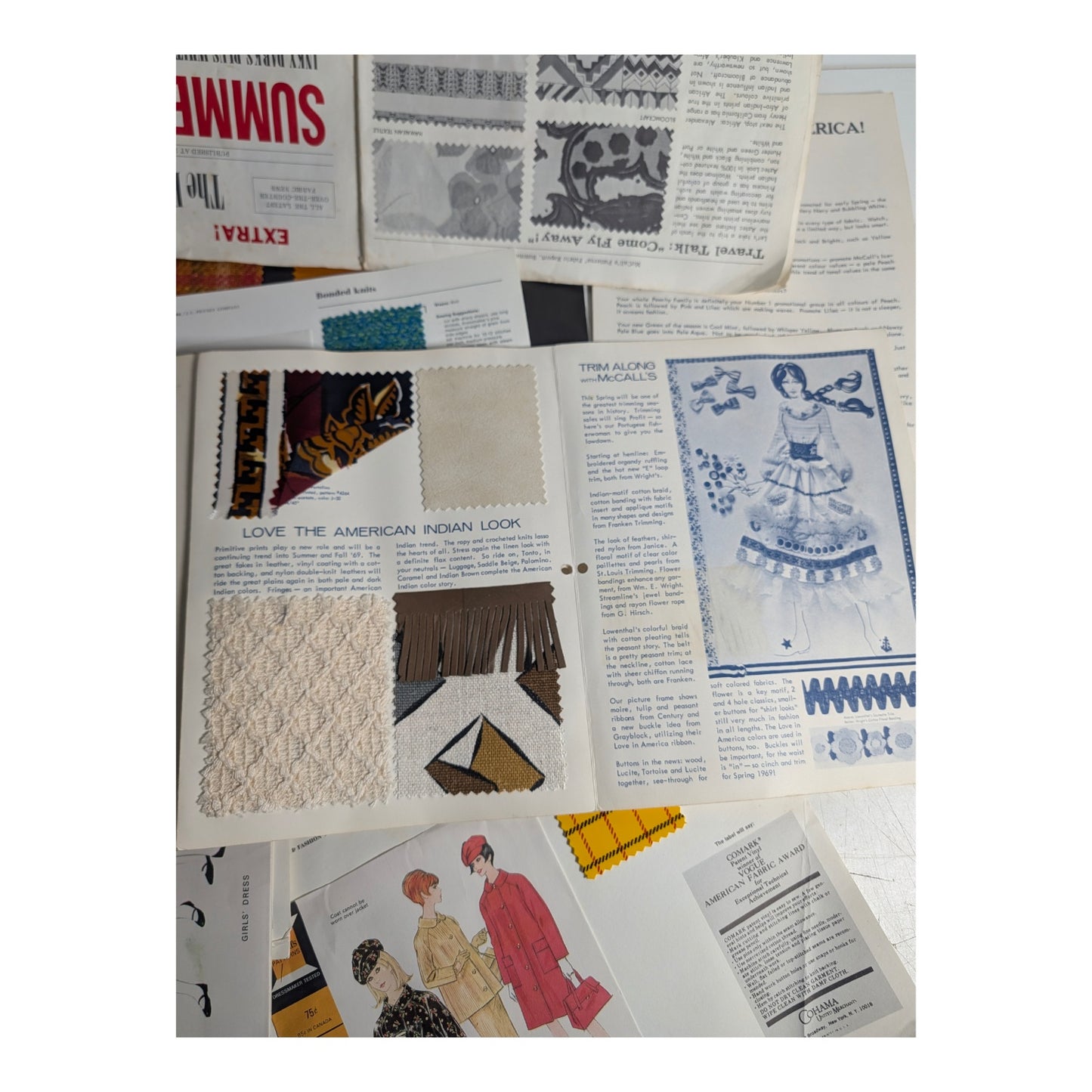 Vintage 1969 McCall's Fabric Report Lot w/ Swatches | Mod Fashion Ephemera