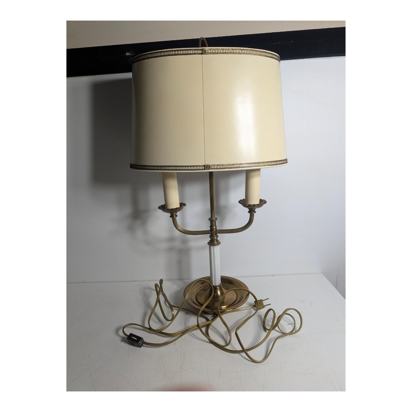 Vintage Hollywood Regency Brass & Lucite Two-Arm Candelabra Table Lamp